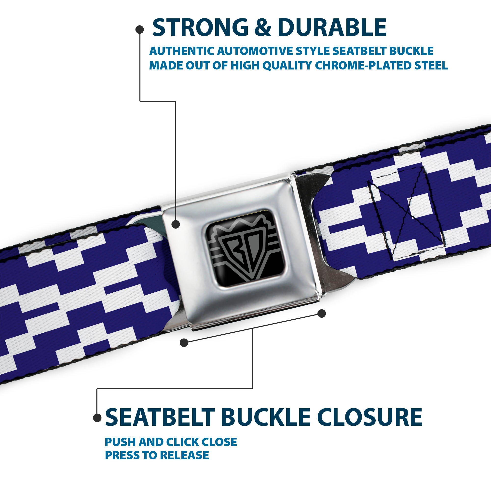 BD Wings Logo CLOSE-UP Full Color Black Silver Seatbelt Belt - Geometric Diamond Blue/White Webbing Seatbelt Belts Buckle-Down