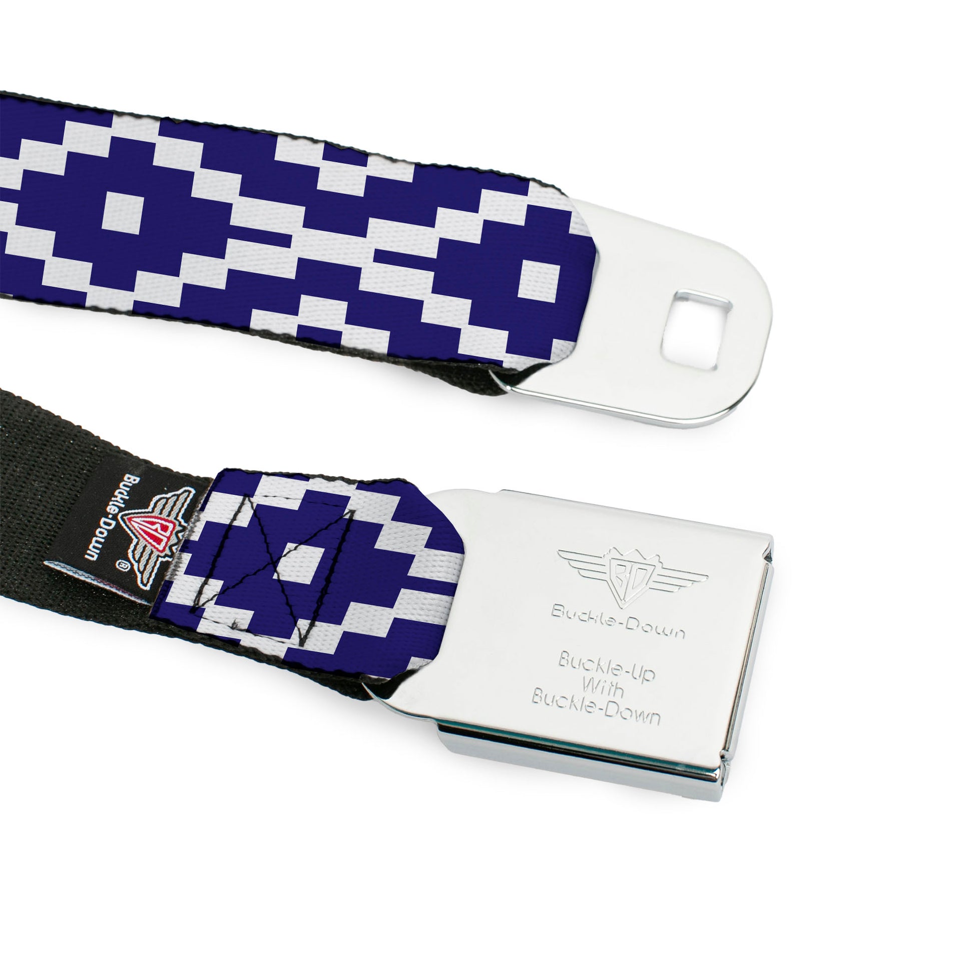 BD Wings Logo CLOSE-UP Full Color Black Silver Seatbelt Belt - Geometric Diamond Blue/White Webbing Seatbelt Belts Buckle-Down