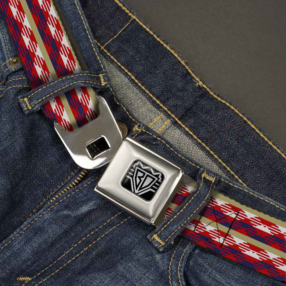 BD Wings Logo CLOSE-UP Full Color Black Silver Seatbelt Belt - Geometric Weave Tan/White/Red/Blue Webbing Seatbelt Belts Buckle-Down