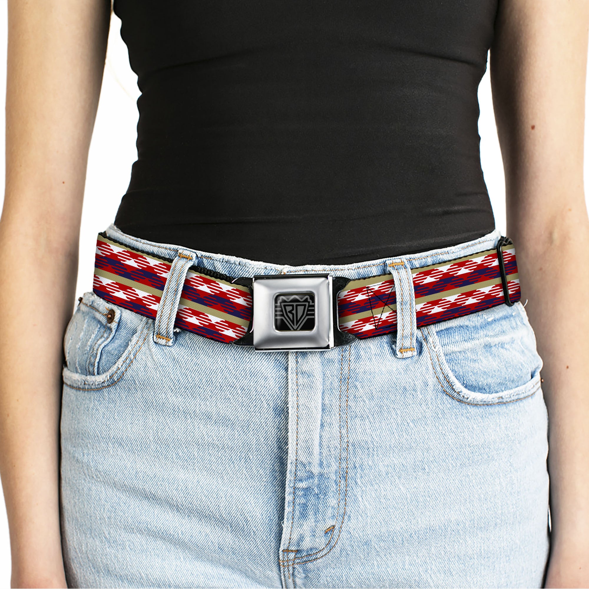 BD Wings Logo CLOSE-UP Full Color Black Silver Seatbelt Belt - Geometric Weave Tan/White/Red/Blue Webbing Seatbelt Belts Buckle-Down