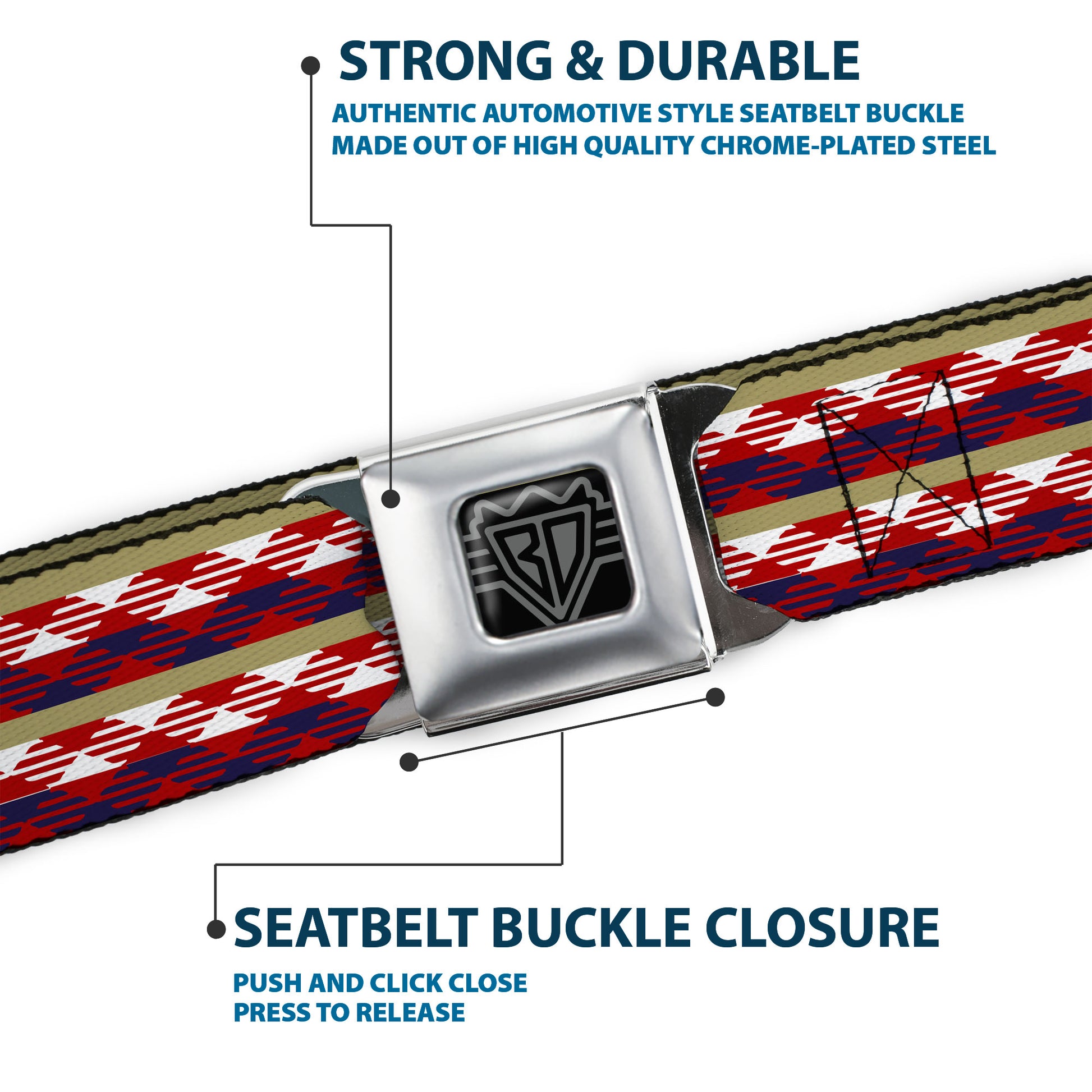 BD Wings Logo CLOSE-UP Full Color Black Silver Seatbelt Belt - Geometric Weave Tan/White/Red/Blue Webbing Seatbelt Belts Buckle-Down