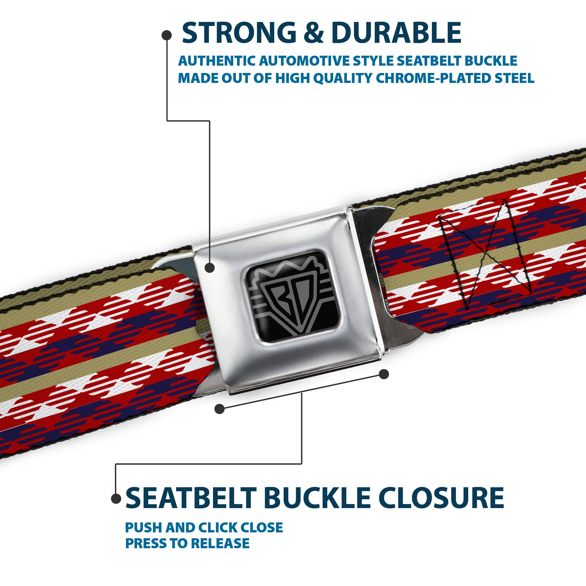 BD Wings Logo CLOSE-UP Full Color Black Silver Seatbelt Belt - Geometric Weave Tan/White/Red/Blue Webbing Seatbelt Belts Buckle-Down