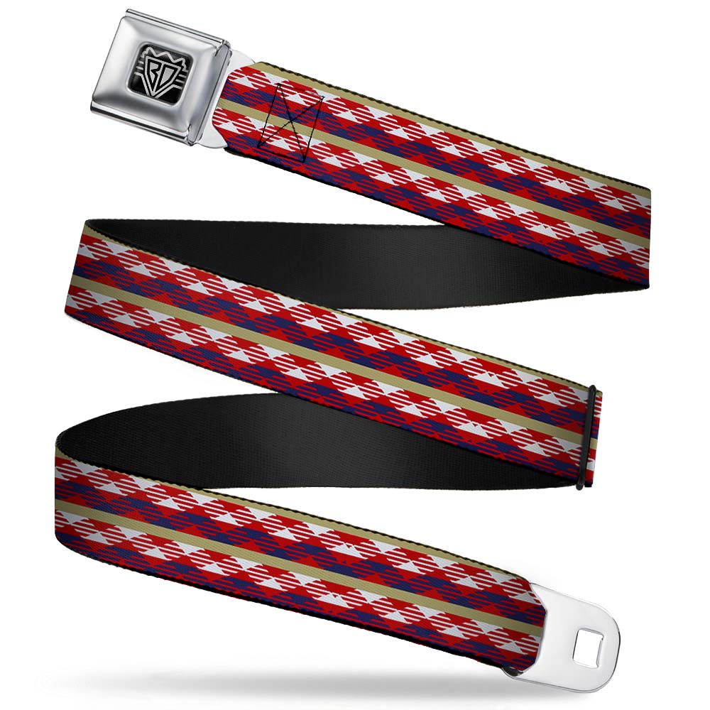 BD Wings Logo CLOSE-UP Full Color Black Silver Seatbelt Belt - Geometric Weave Tan/White/Red/Blue Webbing Seatbelt Belts Buckle-Down