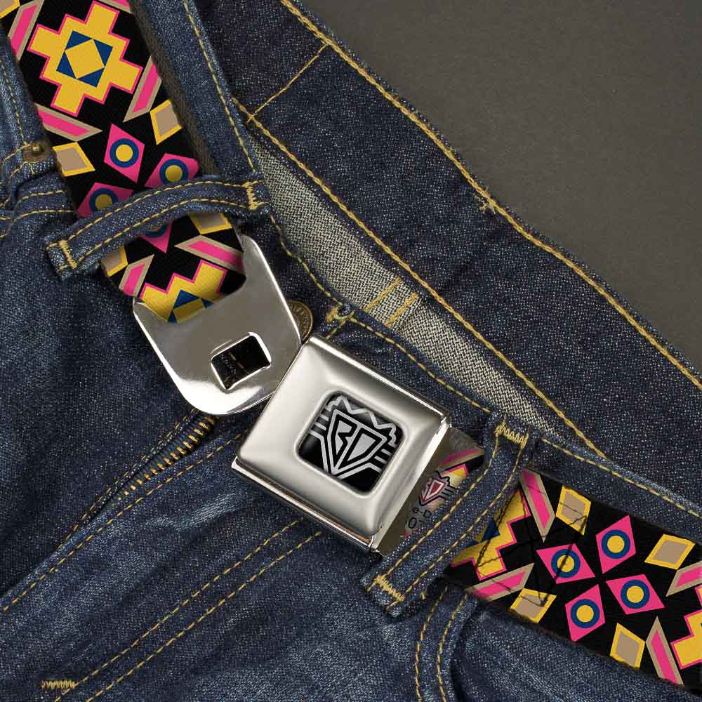 BD Wings Logo CLOSE-UP Full Color Black Silver Seatbelt Belt - Geometric Sunburst Black/Pink/Yellow/Blue Webbing Seatbelt Belts Buckle-Down