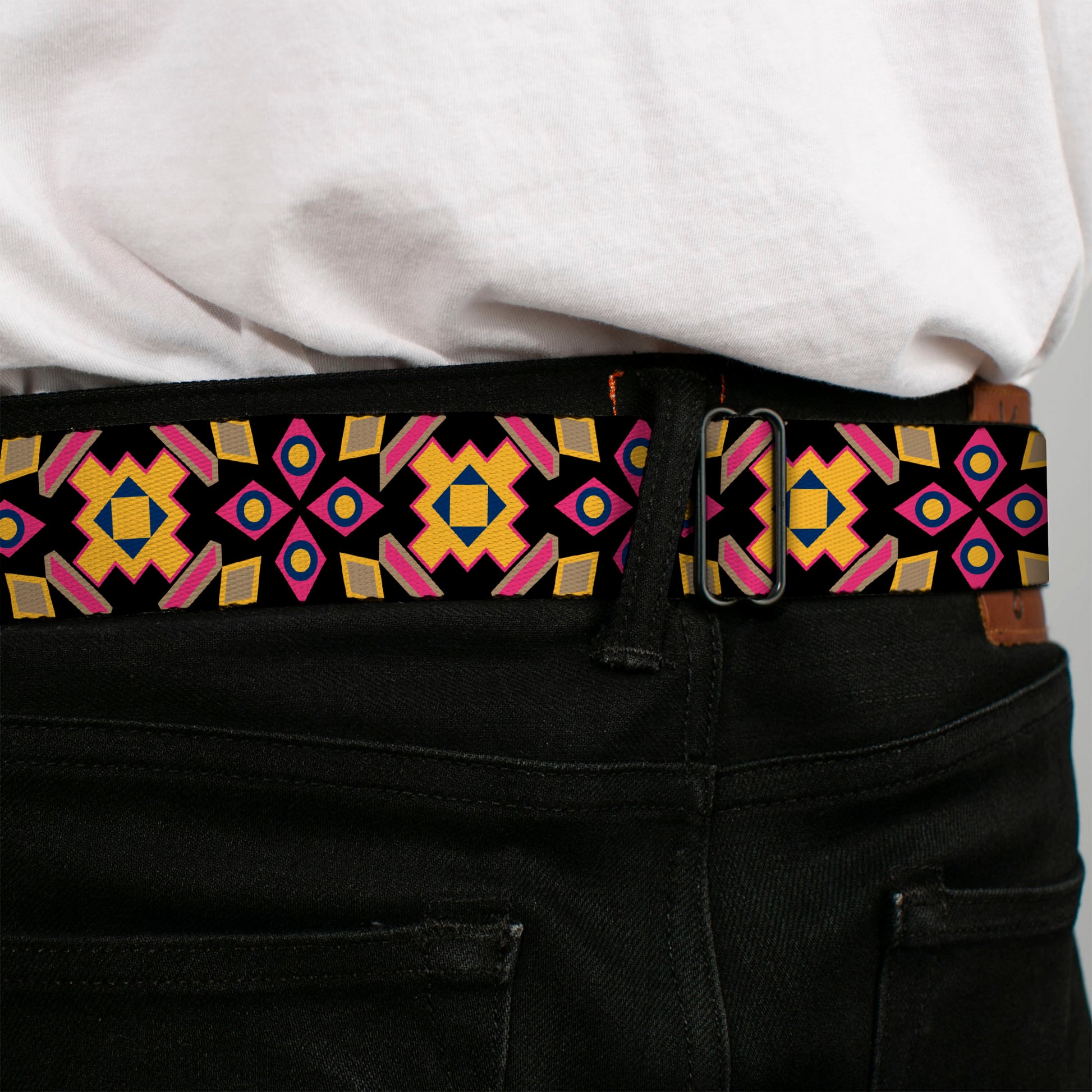 BD Wings Logo CLOSE-UP Full Color Black Silver Seatbelt Belt - Geometric Sunburst Black/Pink/Yellow/Blue Webbing Seatbelt Belts Buckle-Down
