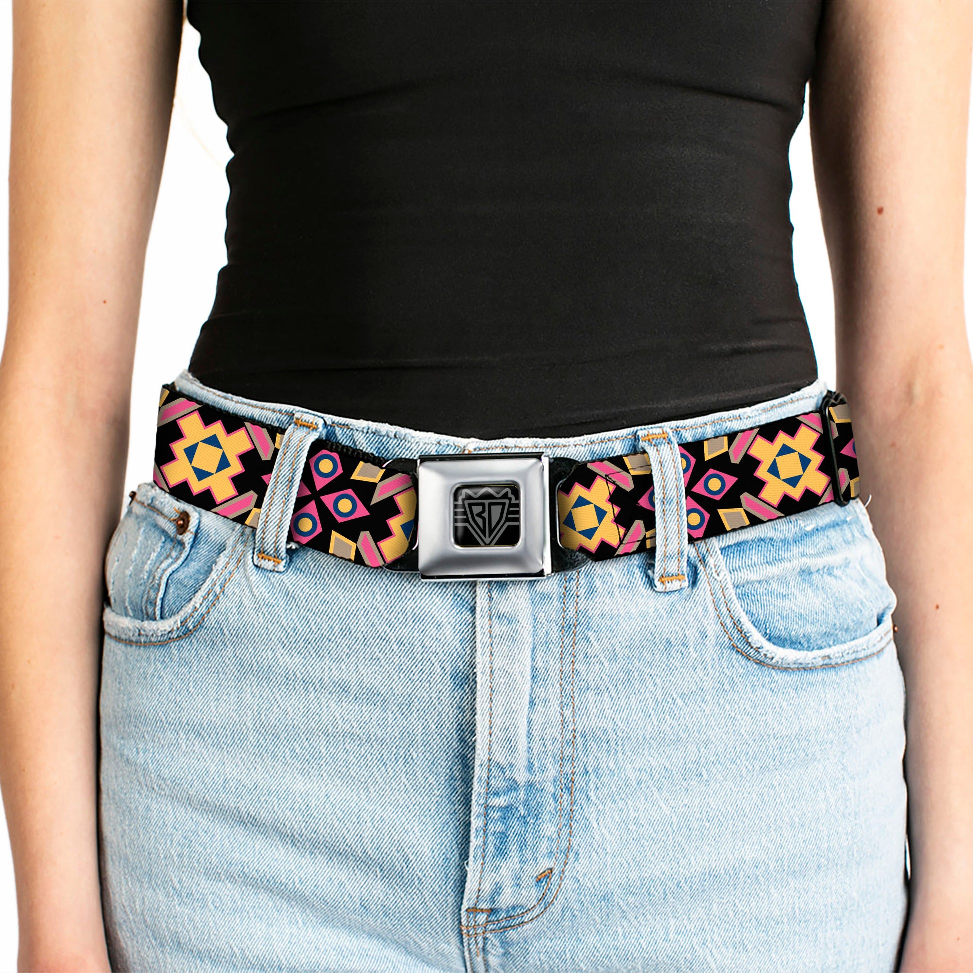 BD Wings Logo CLOSE-UP Full Color Black Silver Seatbelt Belt - Geometric Sunburst Black/Pink/Yellow/Blue Webbing Seatbelt Belts Buckle-Down