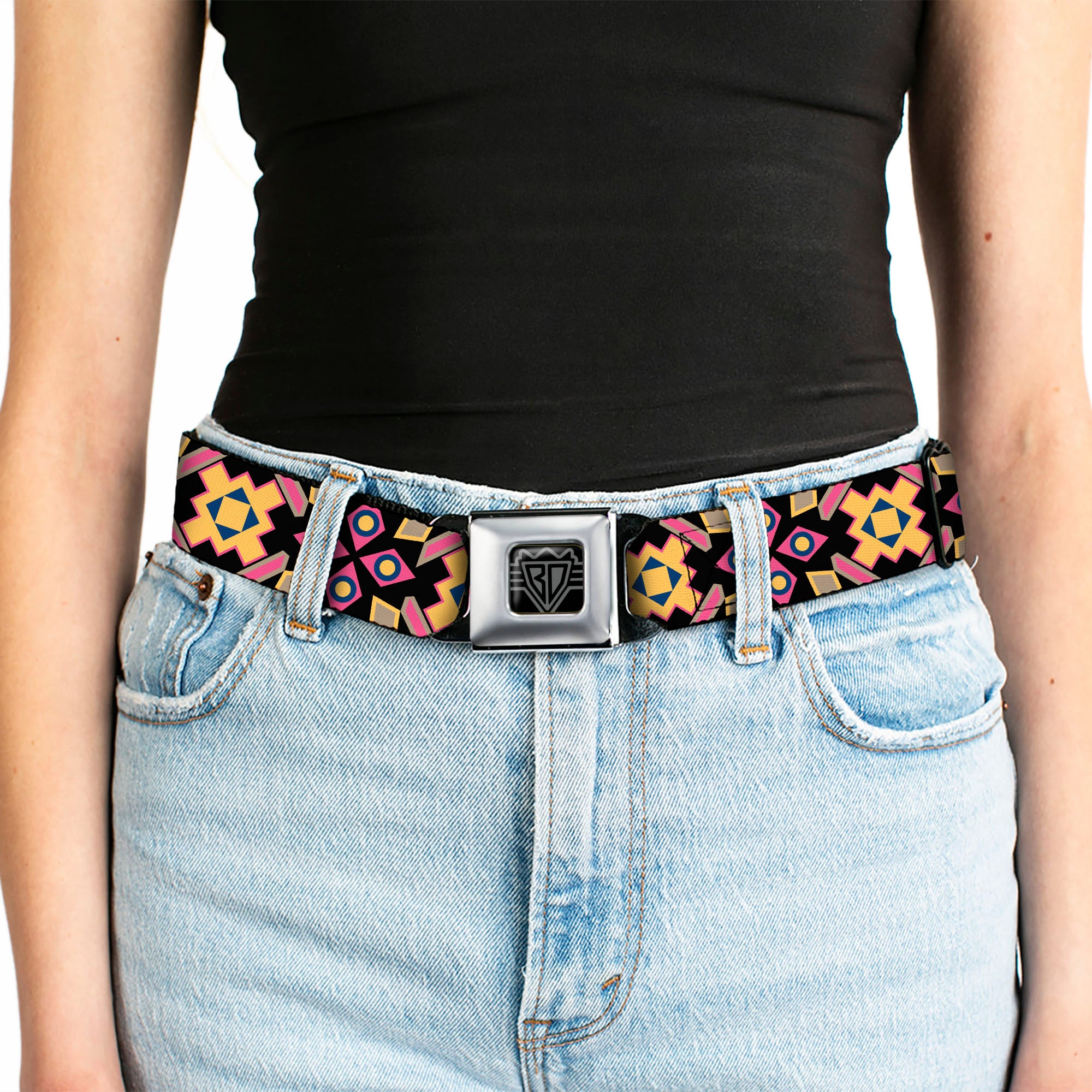 BD Wings Logo CLOSE-UP Full Color Black Silver Seatbelt Belt - Geometric Sunburst Black/Pink/Yellow/Blue Webbing Seatbelt Belts Buckle-Down