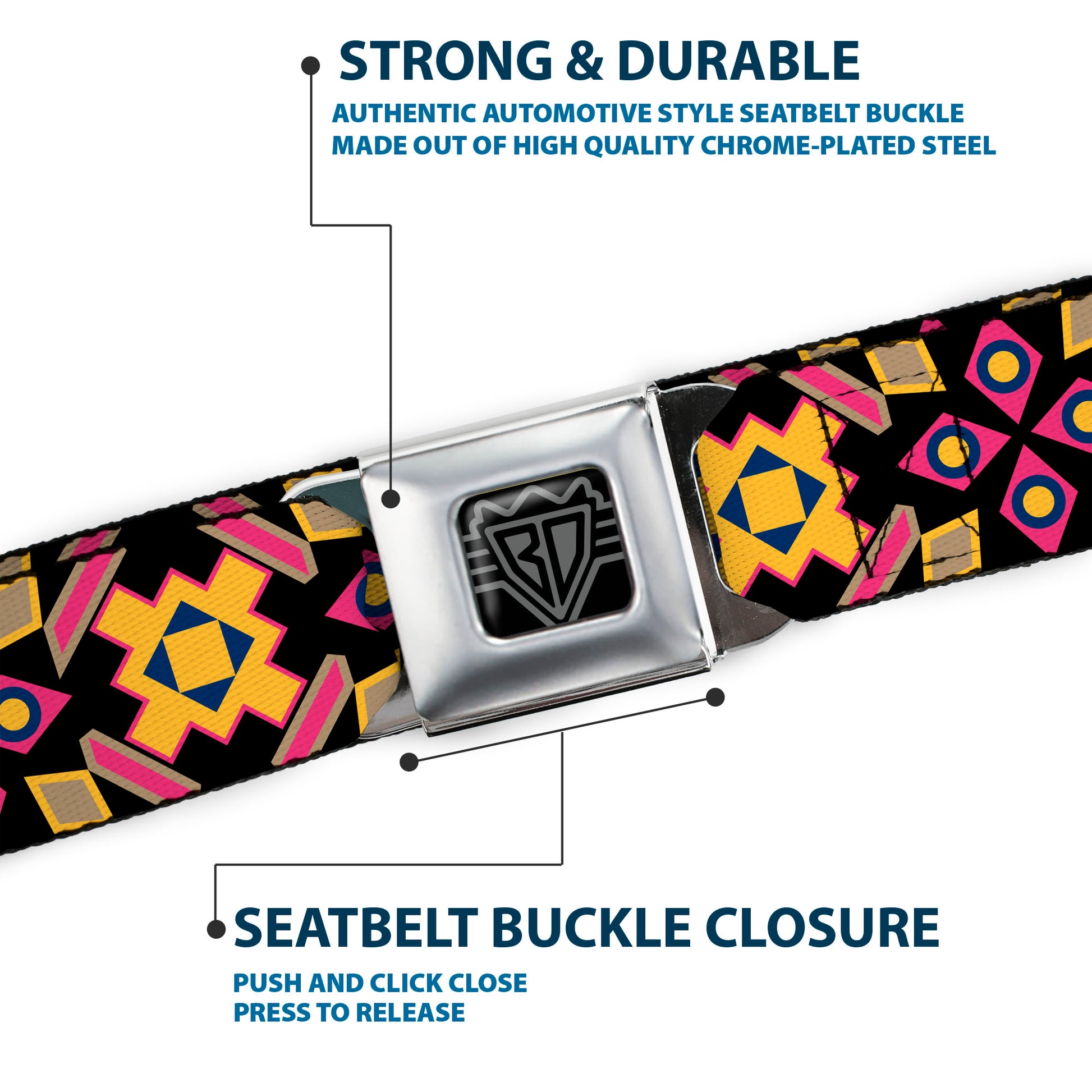 BD Wings Logo CLOSE-UP Full Color Black Silver Seatbelt Belt - Geometric Sunburst Black/Pink/Yellow/Blue Webbing Seatbelt Belts Buckle-Down