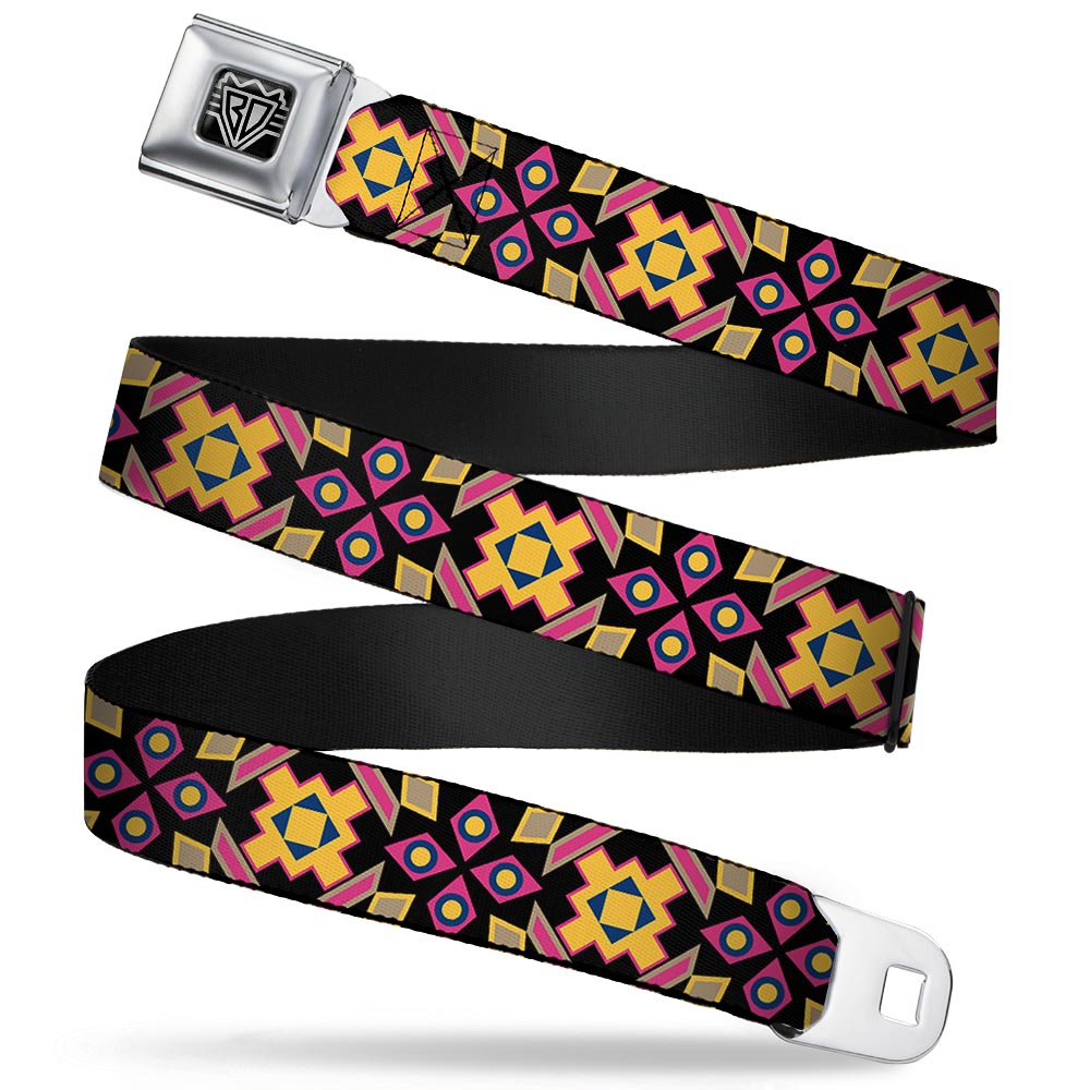 BD Wings Logo CLOSE-UP Full Color Black Silver Seatbelt Belt - Geometric Sunburst Black/Pink/Yellow/Blue Webbing Seatbelt Belts Buckle-Down