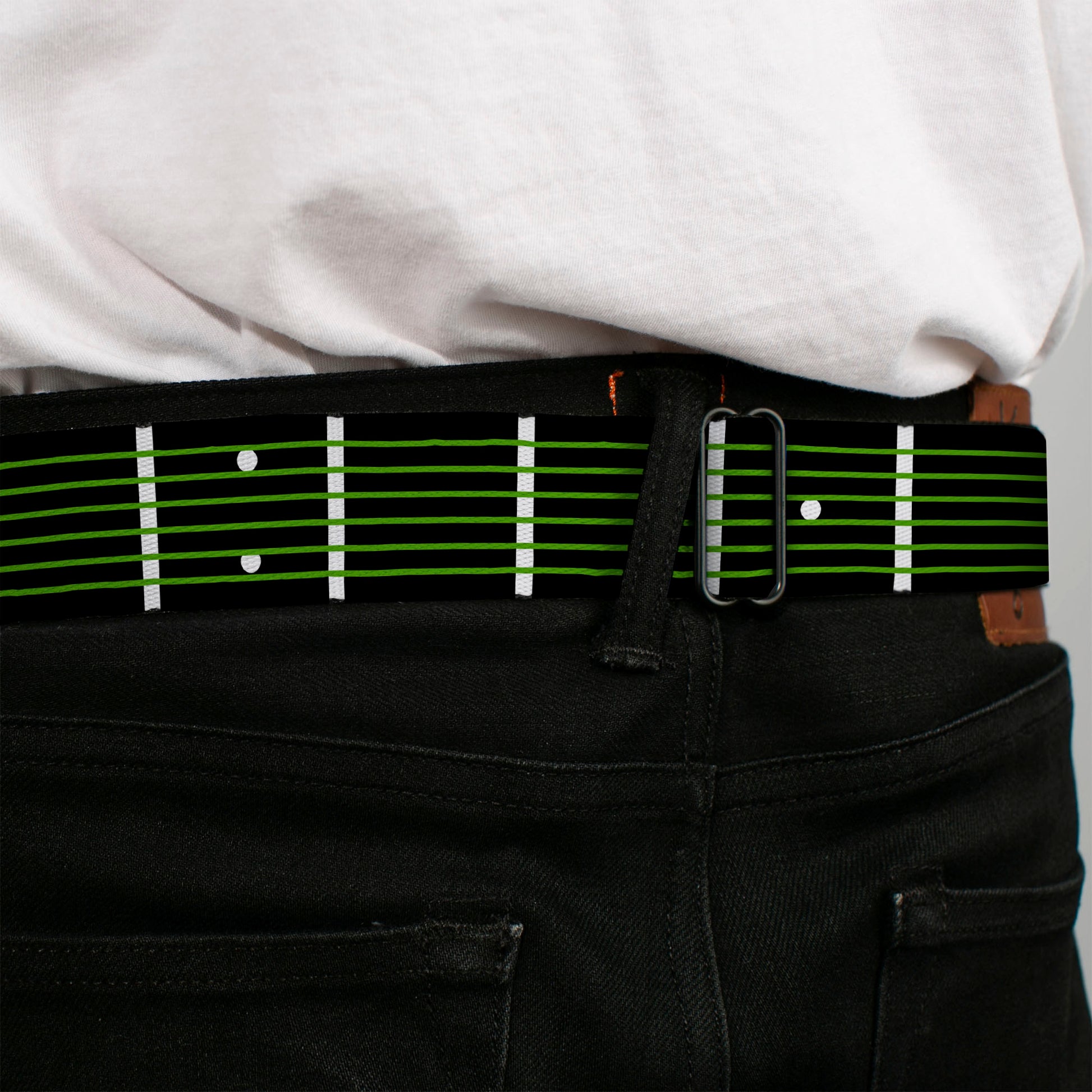 BD Wings Logo CLOSE-UP Full Color Black Silver Seatbelt Belt - Guitar Neck Black/White/Lime Green Webbing Seatbelt Belts Buckle-Down