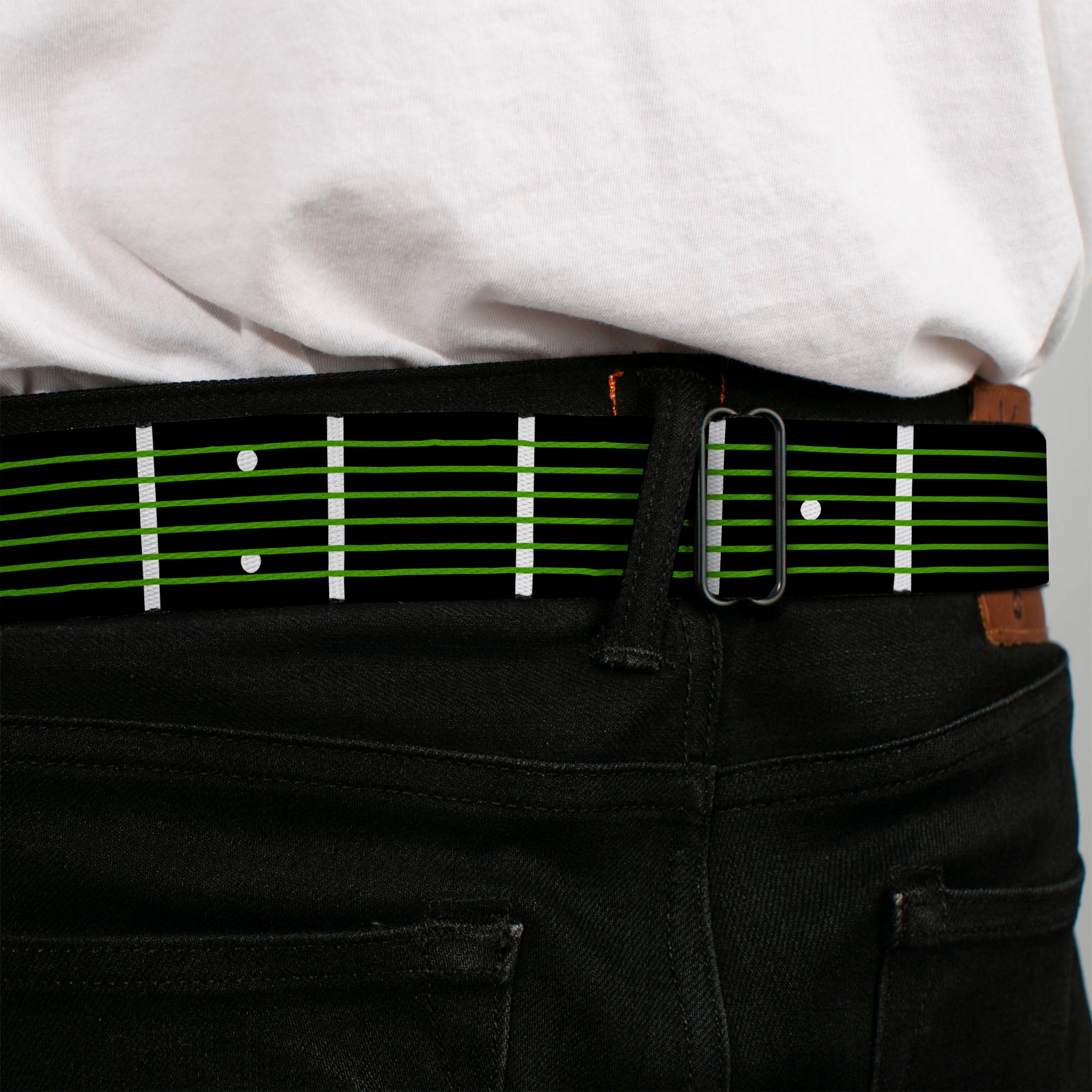 BD Wings Logo CLOSE-UP Full Color Black Silver Seatbelt Belt - Guitar Neck Black/White/Lime Green Webbing Seatbelt Belts Buckle-Down