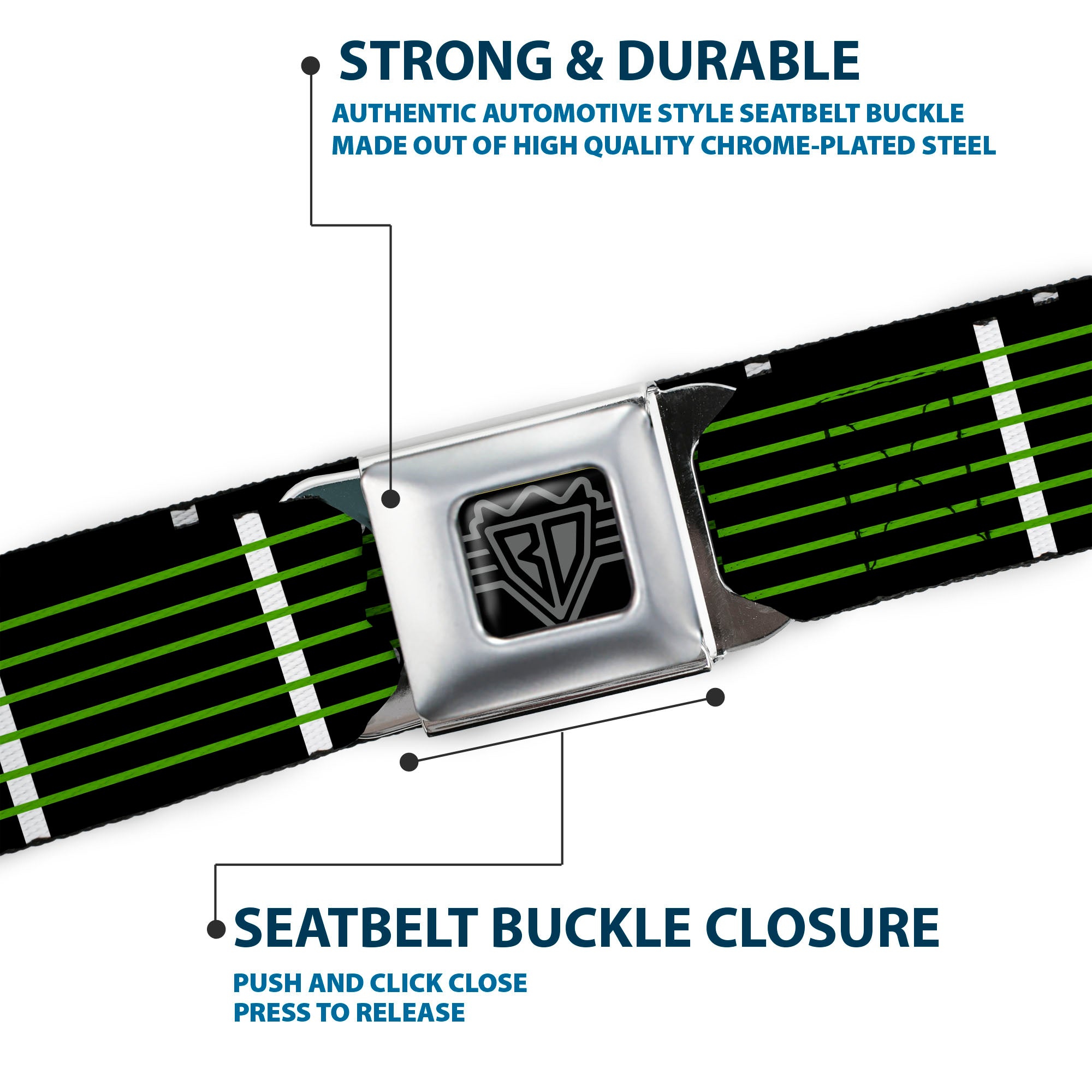 BD Wings Logo CLOSE-UP Full Color Black Silver Seatbelt Belt - Guitar Neck Black/White/Lime Green Webbing Seatbelt Belts Buckle-Down