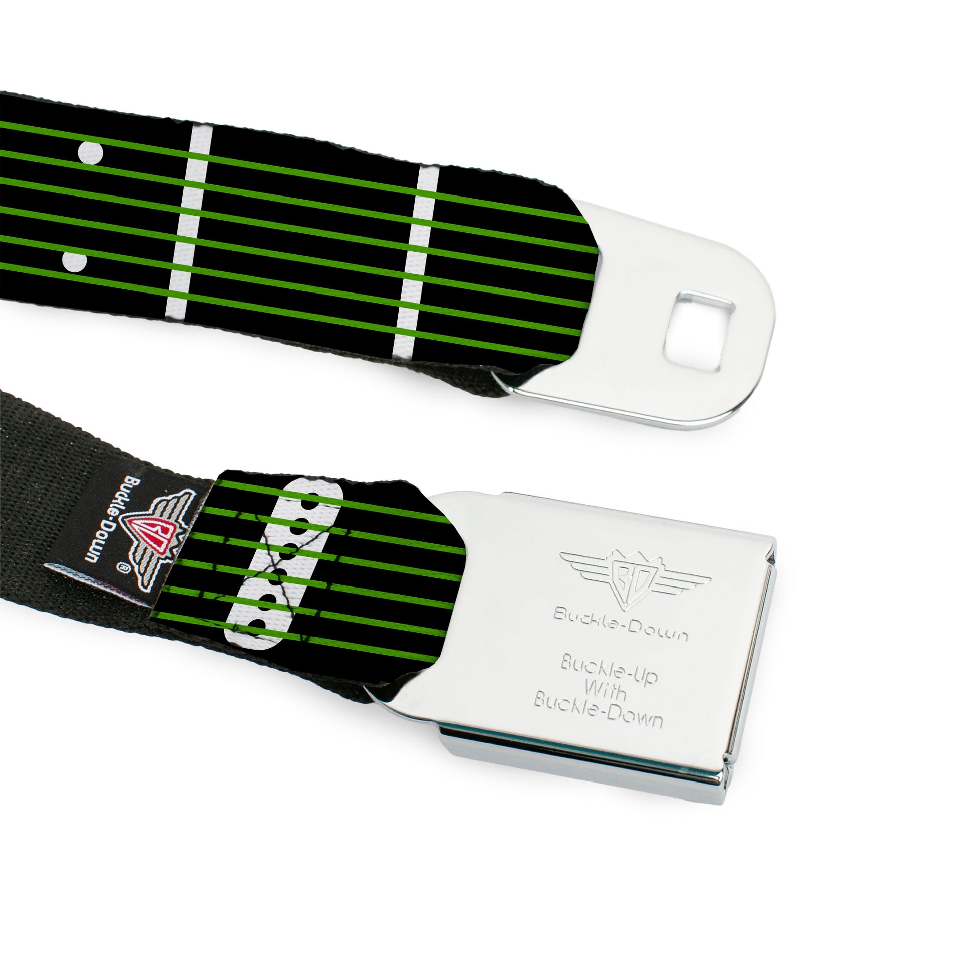 BD Wings Logo CLOSE-UP Full Color Black Silver Seatbelt Belt - Guitar Neck Black/White/Lime Green Webbing Seatbelt Belts Buckle-Down