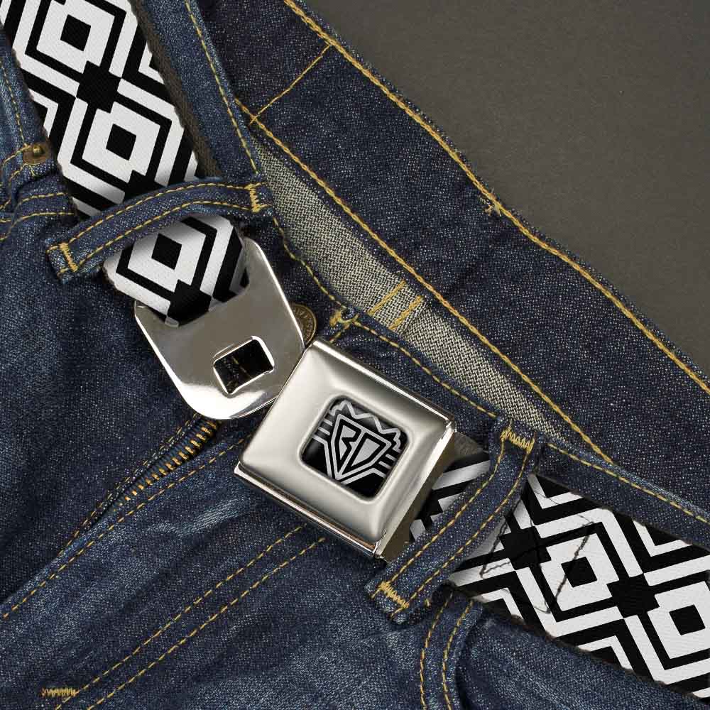 BD Wings Logo CLOSE-UP Full Color Black Silver Seatbelt Belt - Geometric Diamond2 Black/White/Black Webbing Seatbelt Belts Buckle-Down