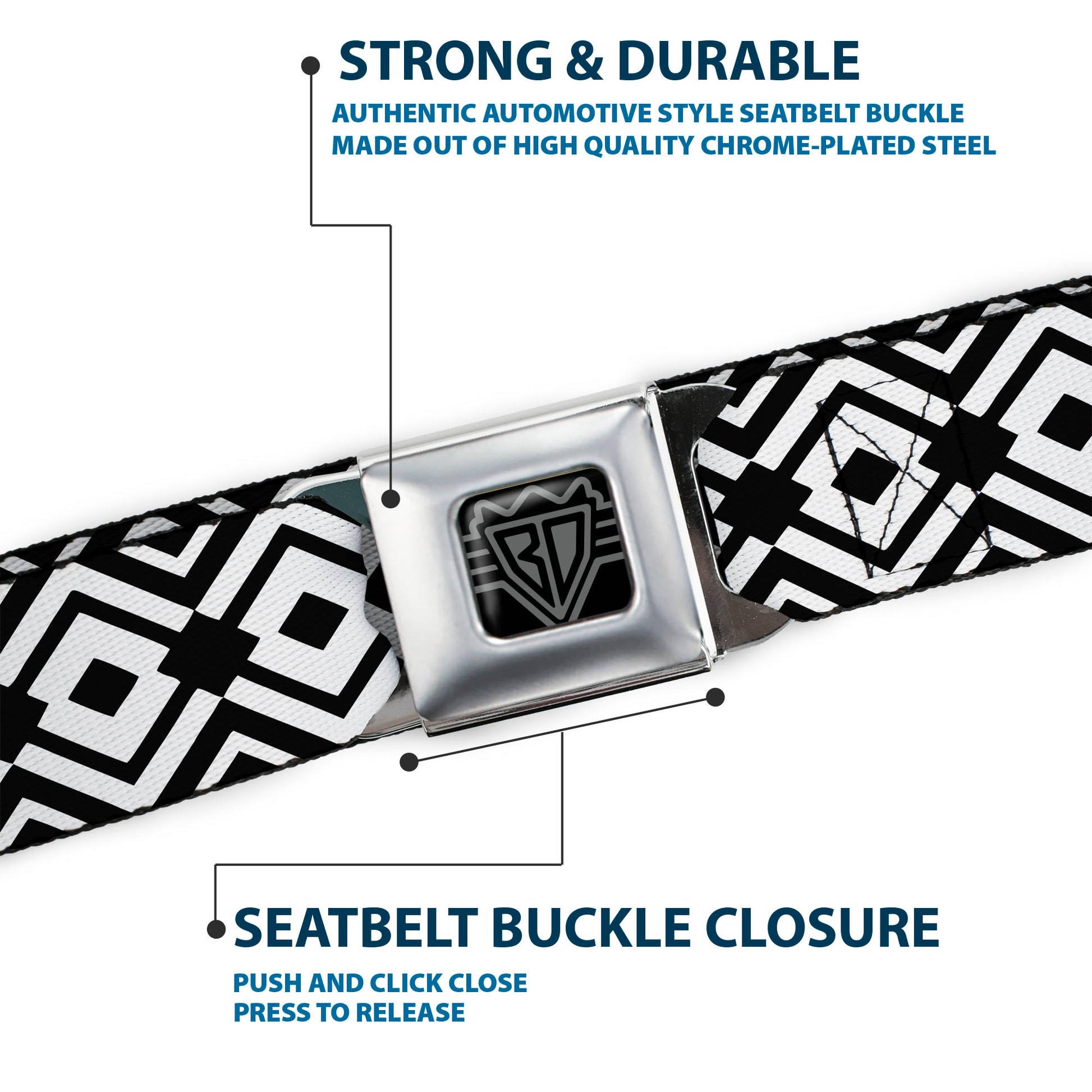 BD Wings Logo CLOSE-UP Full Color Black Silver Seatbelt Belt - Geometric Diamond2 Black/White/Black Webbing Seatbelt Belts Buckle-Down