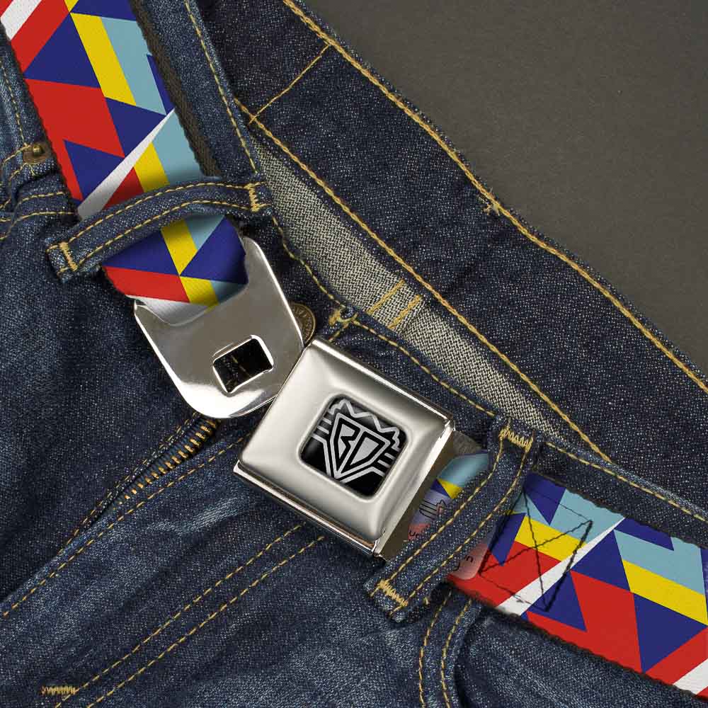 BD Wings Logo CLOSE-UP Full Color Black Silver Seatbelt Belt - Geometric Triangles/Stripe Red/White/Blues/Yellow Webbing Seatbelt Belts Buckle-Down