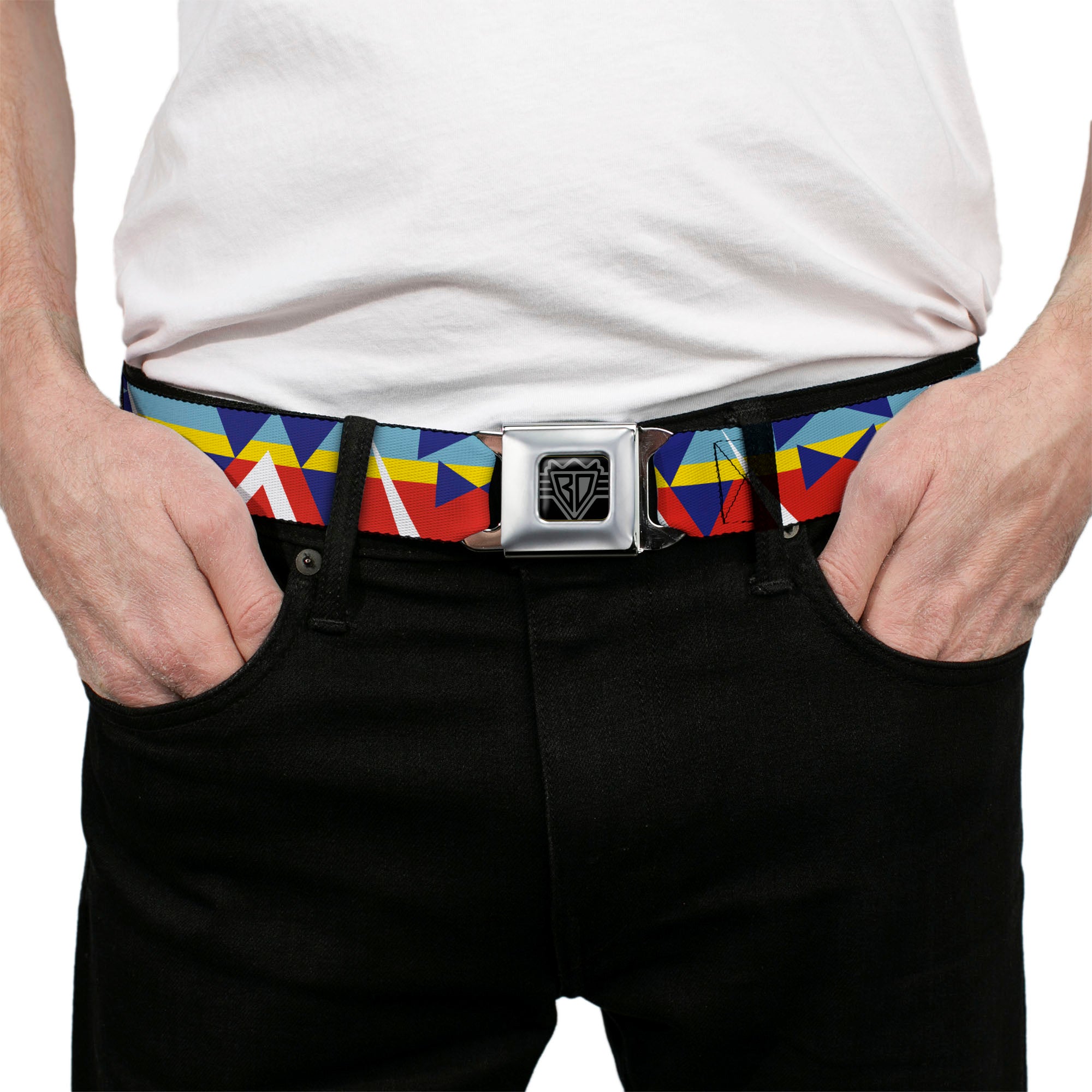 BD Wings Logo CLOSE-UP Full Color Black Silver Seatbelt Belt - Geometric Triangles/Stripe Red/White/Blues/Yellow Webbing Seatbelt Belts Buckle-Down