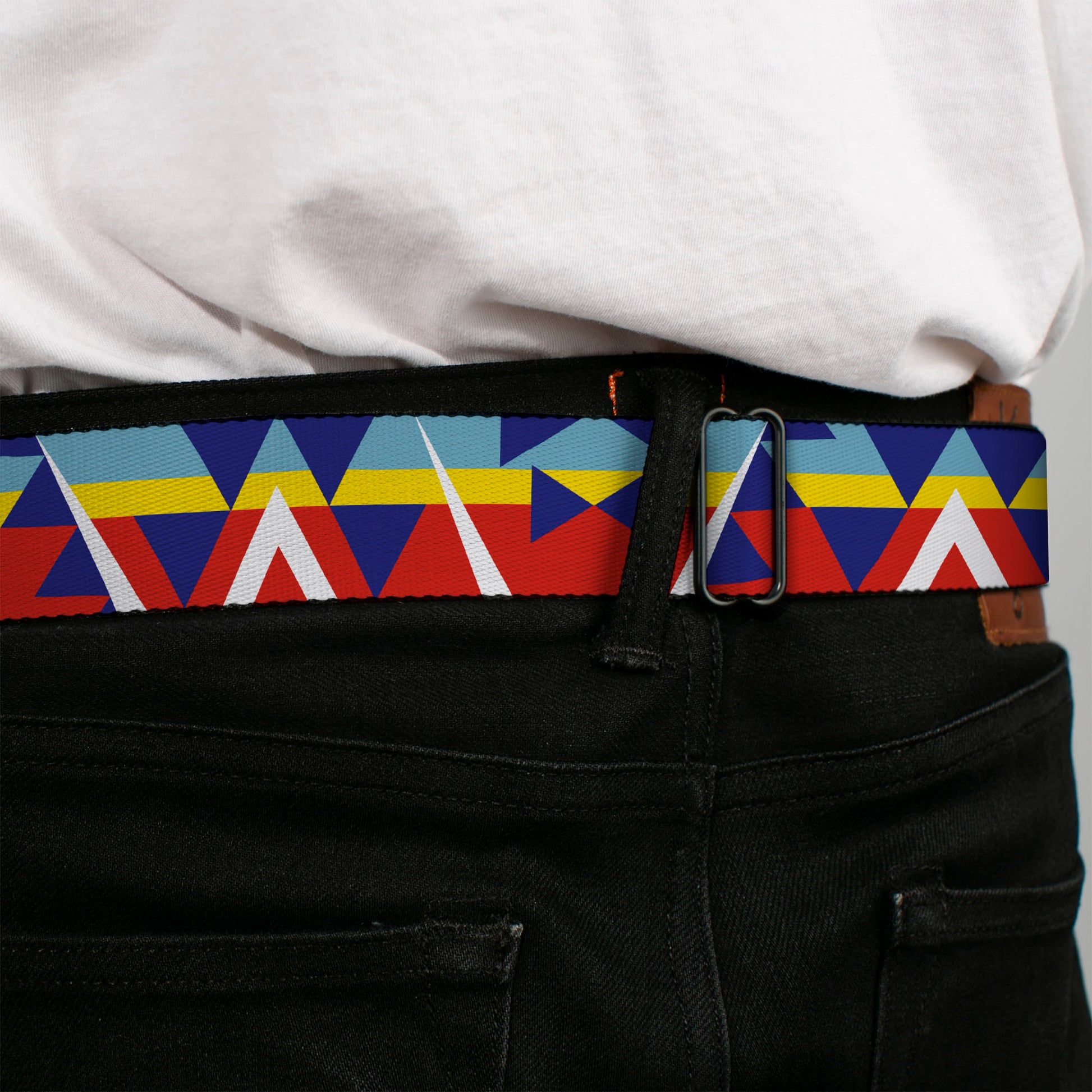 BD Wings Logo CLOSE-UP Full Color Black Silver Seatbelt Belt - Geometric Triangles/Stripe Red/White/Blues/Yellow Webbing Seatbelt Belts Buckle-Down