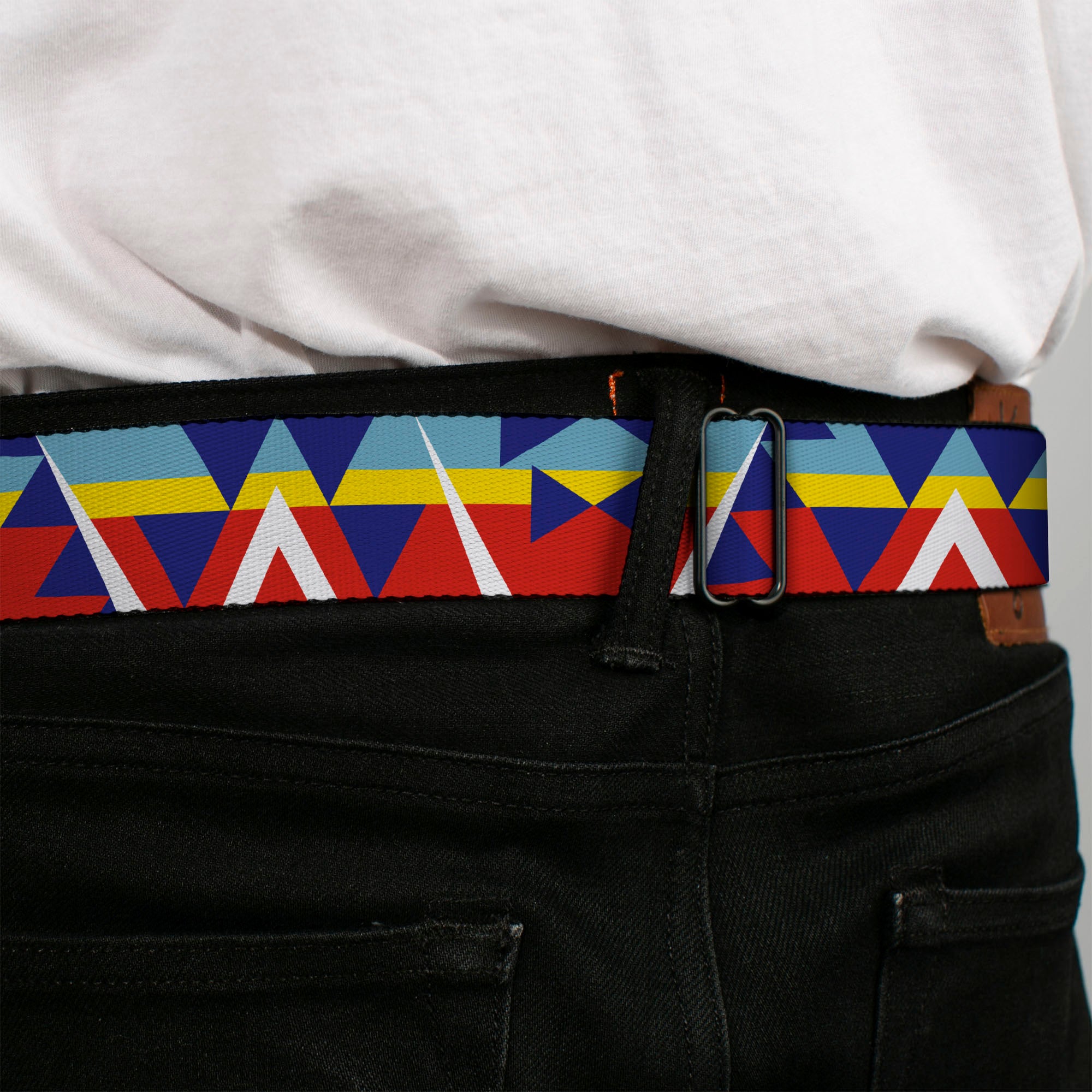 BD Wings Logo CLOSE-UP Full Color Black Silver Seatbelt Belt - Geometric Triangles/Stripe Red/White/Blues/Yellow Webbing Seatbelt Belts Buckle-Down