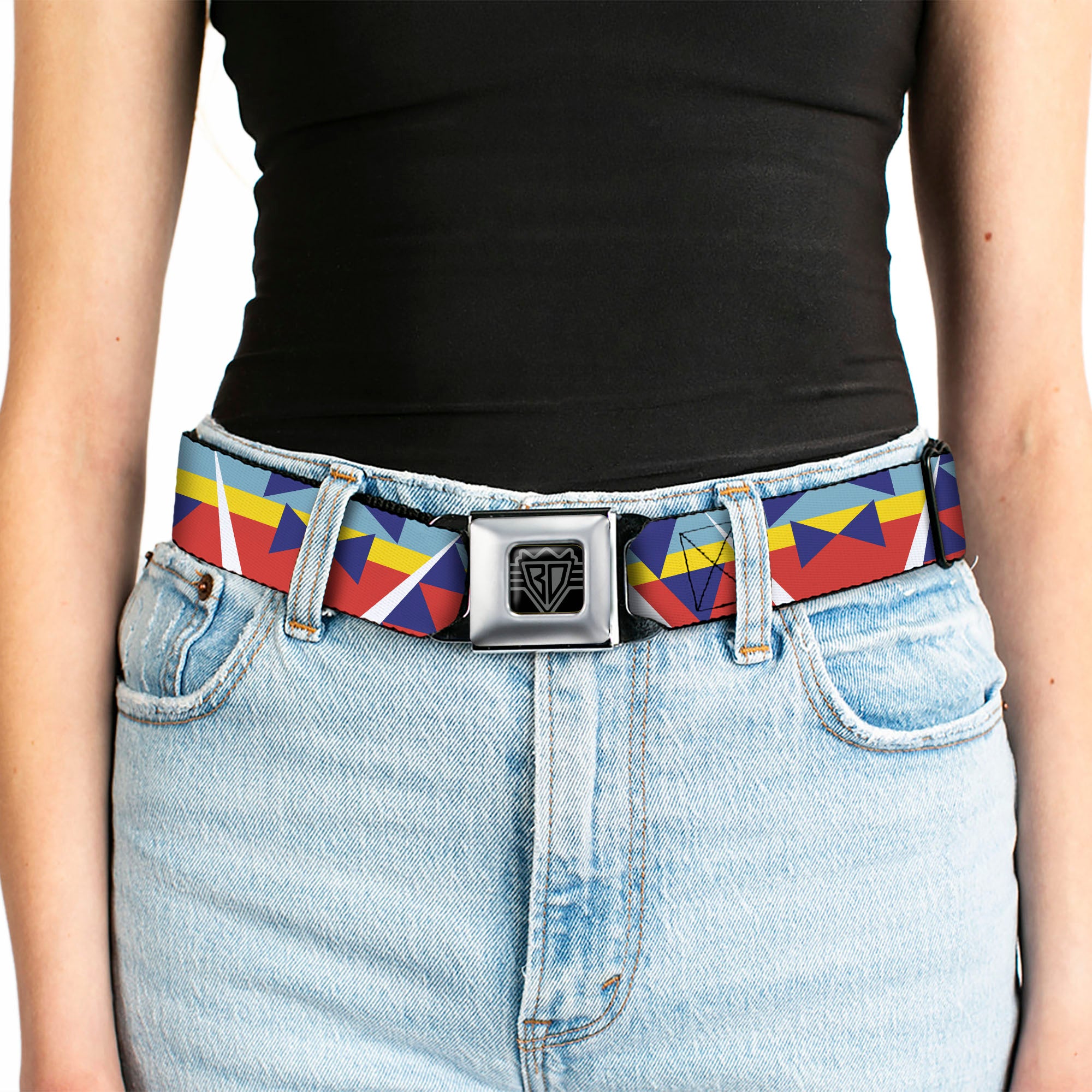 BD Wings Logo CLOSE-UP Full Color Black Silver Seatbelt Belt - Geometric Triangles/Stripe Red/White/Blues/Yellow Webbing Seatbelt Belts Buckle-Down