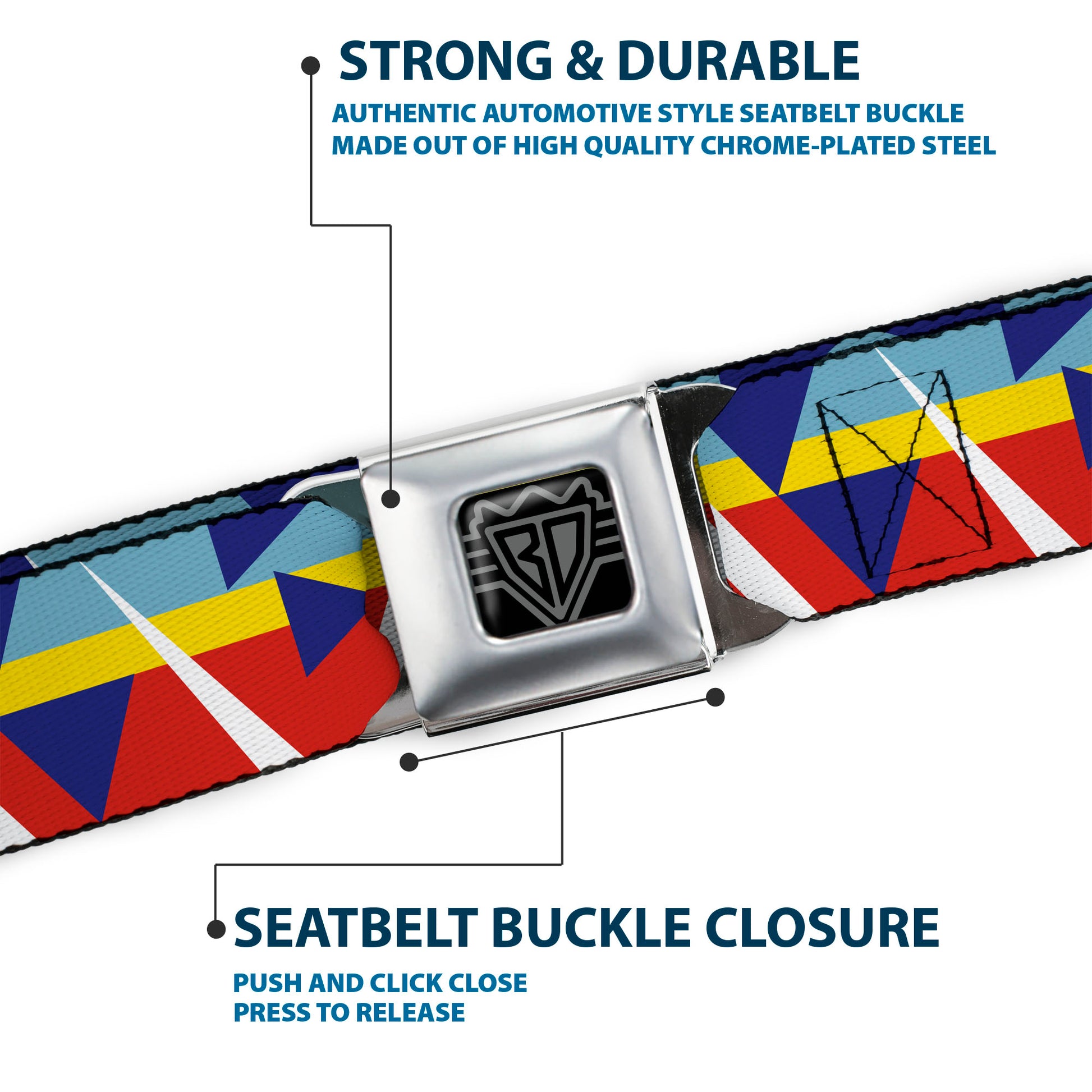 BD Wings Logo CLOSE-UP Full Color Black Silver Seatbelt Belt - Geometric Triangles/Stripe Red/White/Blues/Yellow Webbing Seatbelt Belts Buckle-Down