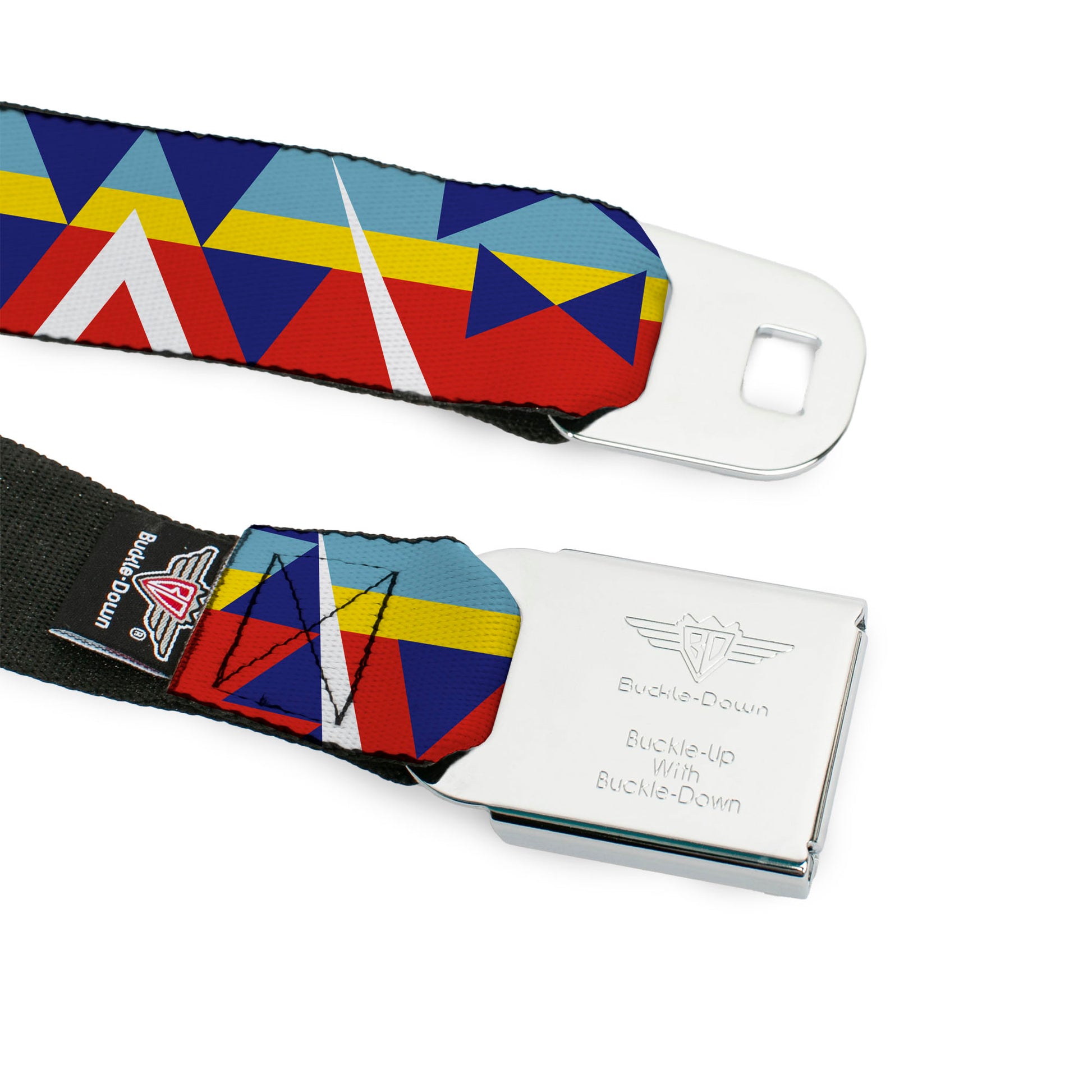 BD Wings Logo CLOSE-UP Full Color Black Silver Seatbelt Belt - Geometric Triangles/Stripe Red/White/Blues/Yellow Webbing Seatbelt Belts Buckle-Down