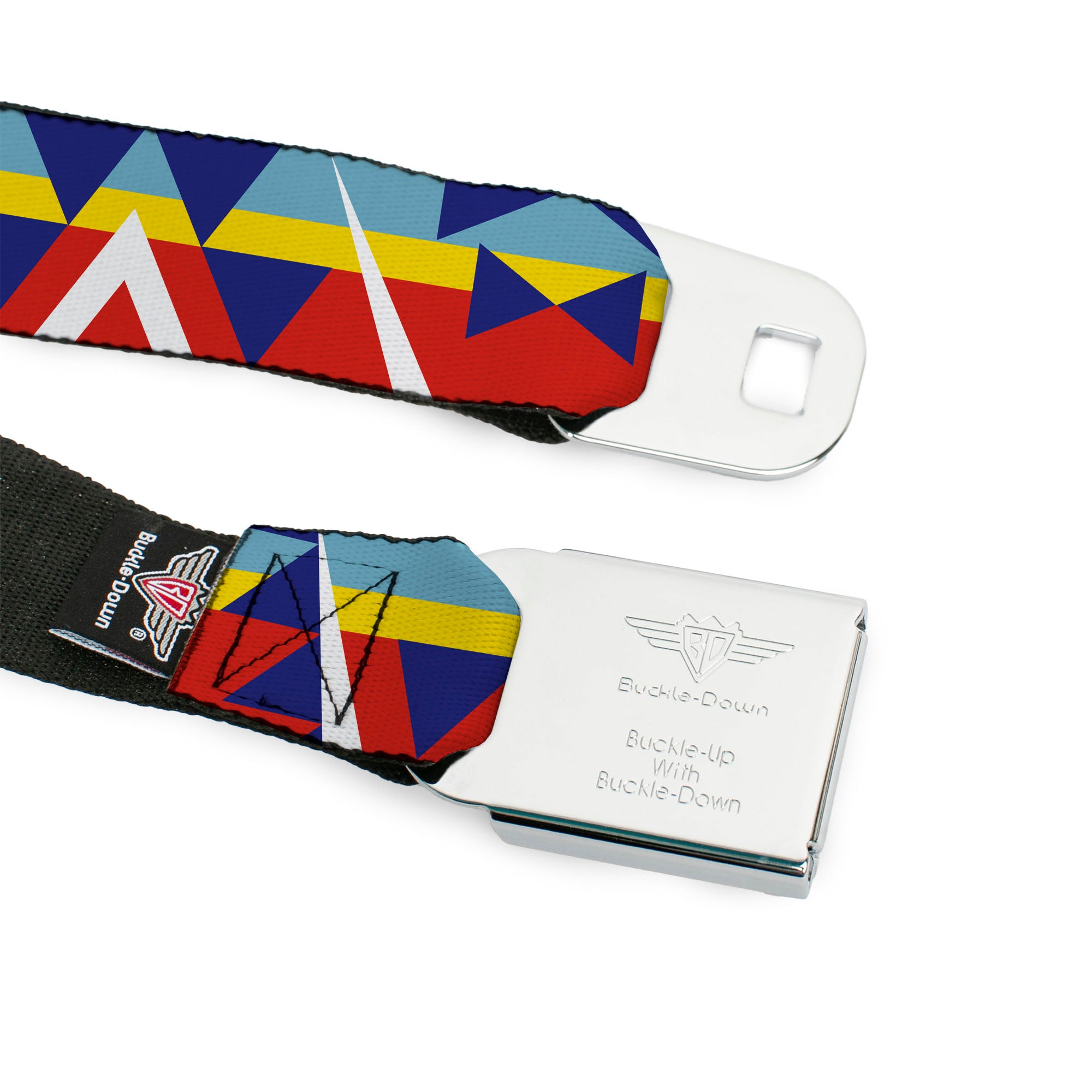 BD Wings Logo CLOSE-UP Full Color Black Silver Seatbelt Belt - Geometric Triangles/Stripe Red/White/Blues/Yellow Webbing Seatbelt Belts Buckle-Down