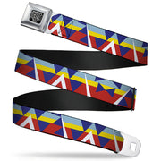 BD Wings Logo CLOSE-UP Full Color Black Silver Seatbelt Belt - Geometric Triangles/Stripe Red/White/Blues/Yellow Webbing Seatbelt Belts Buckle-Down