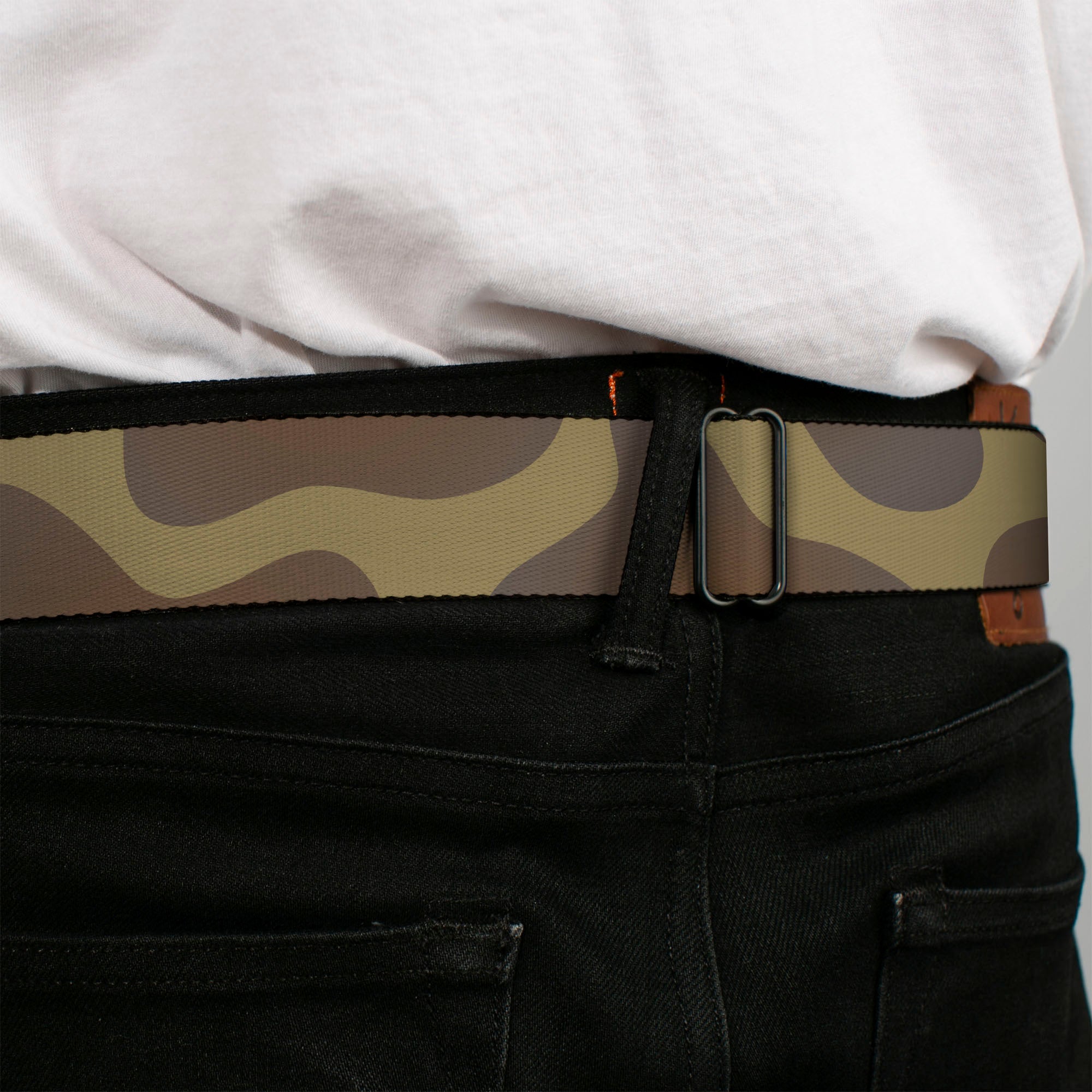 BD Wings Logo CLOSE-UP Full Color Black Silver Seatbelt Belt - Giraffe Spots Tan/Brown Webbing Seatbelt Belts Buckle-Down