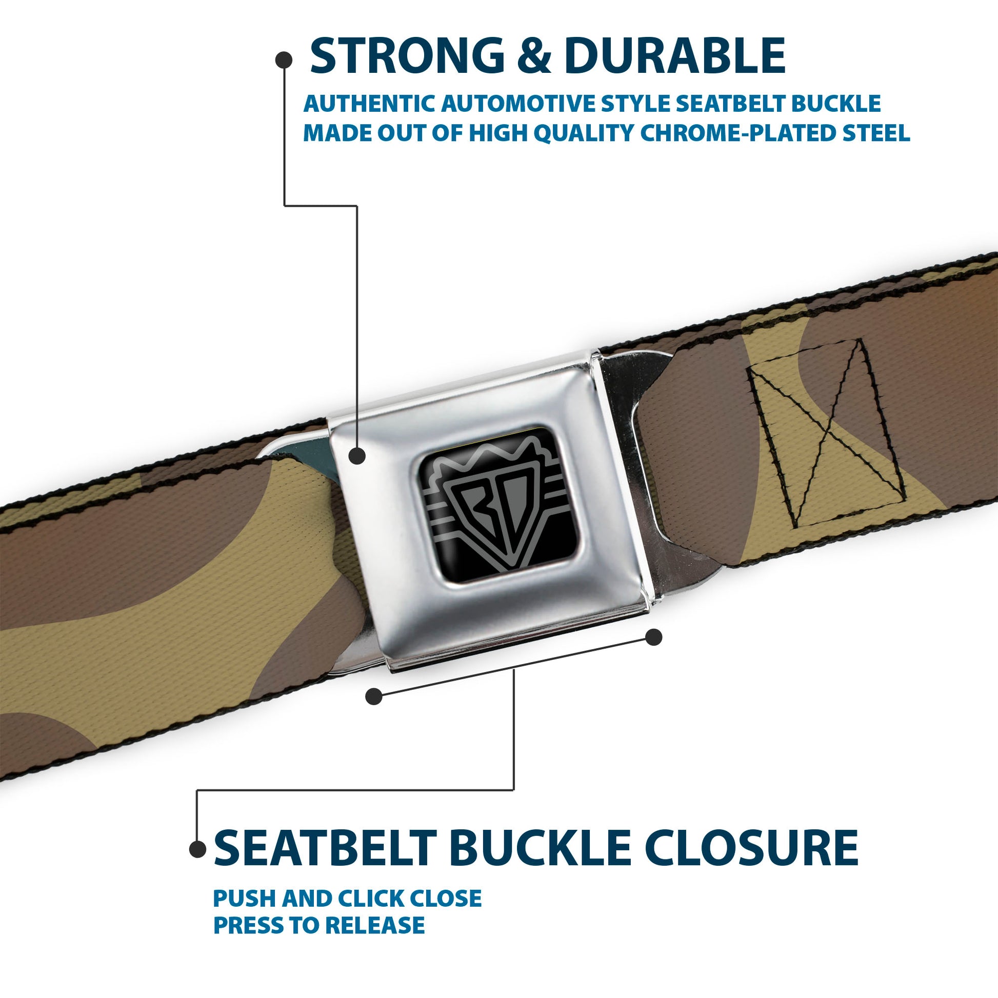 BD Wings Logo CLOSE-UP Full Color Black Silver Seatbelt Belt - Giraffe Spots Tan/Brown Webbing Seatbelt Belts Buckle-Down