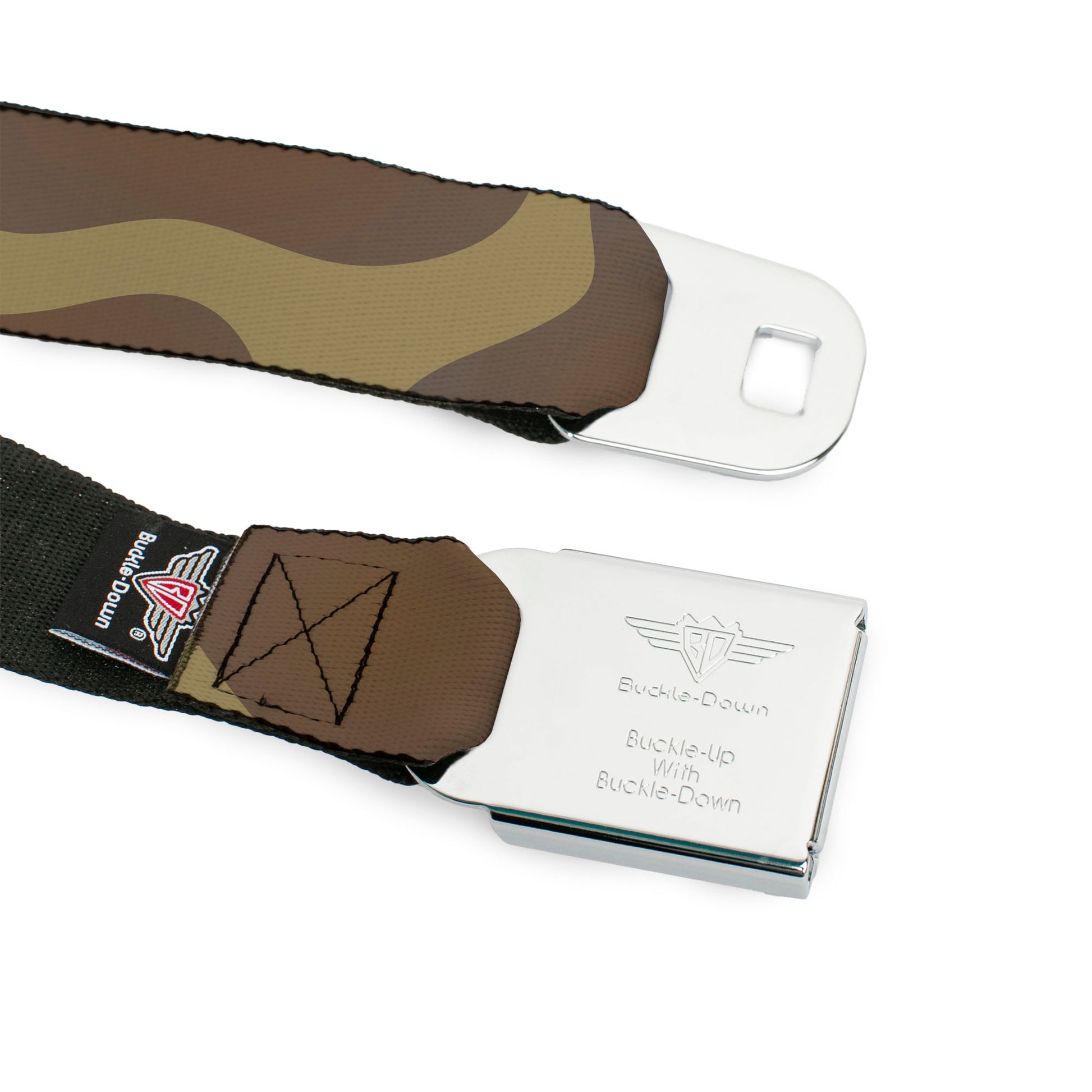 BD Wings Logo CLOSE-UP Full Color Black Silver Seatbelt Belt - Giraffe Spots Tan/Brown Webbing Seatbelt Belts Buckle-Down