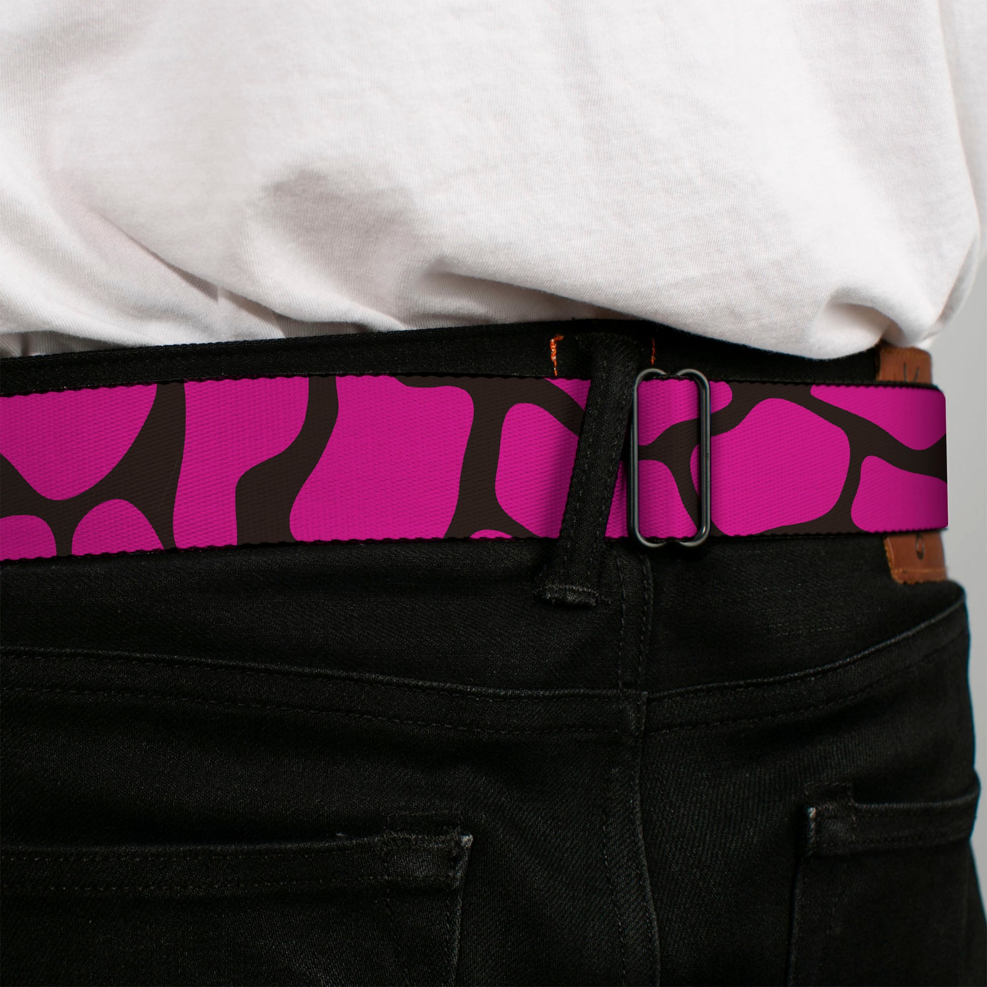 BD Wings Logo CLOSE-UP Full Color Black Silver Seatbelt Belt - Giraffe Spots Black/Fuchsia Webbing Seatbelt Belts Buckle-Down