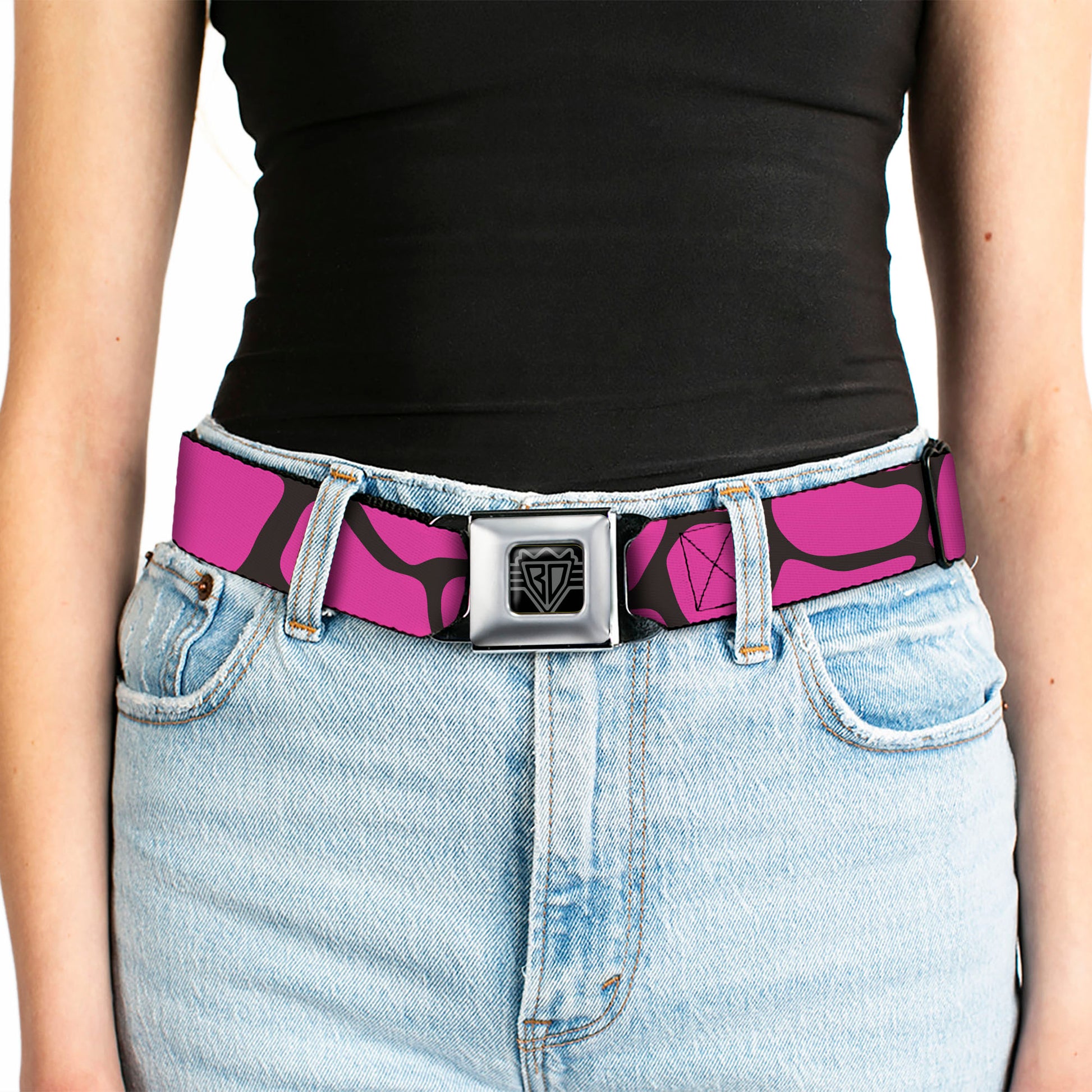 BD Wings Logo CLOSE-UP Full Color Black Silver Seatbelt Belt - Giraffe Spots Black/Fuchsia Webbing Seatbelt Belts Buckle-Down