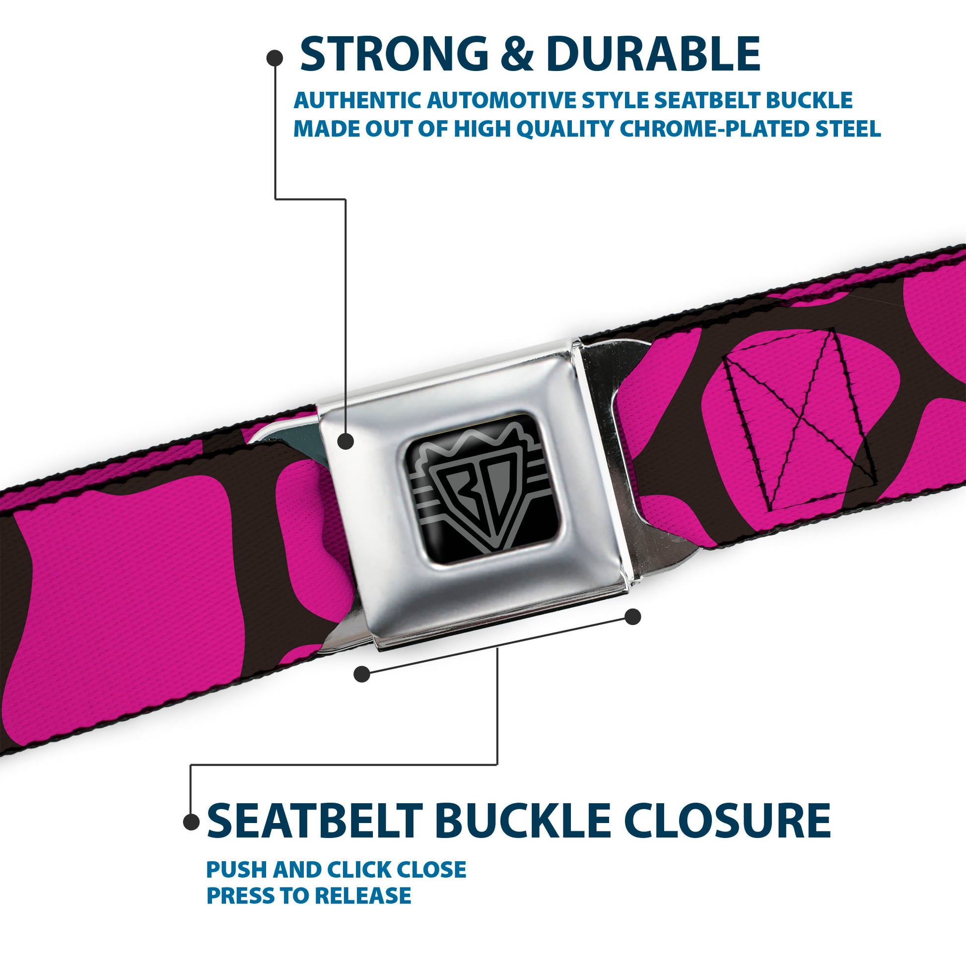 BD Wings Logo CLOSE-UP Full Color Black Silver Seatbelt Belt - Giraffe Spots Black/Fuchsia Webbing Seatbelt Belts Buckle-Down