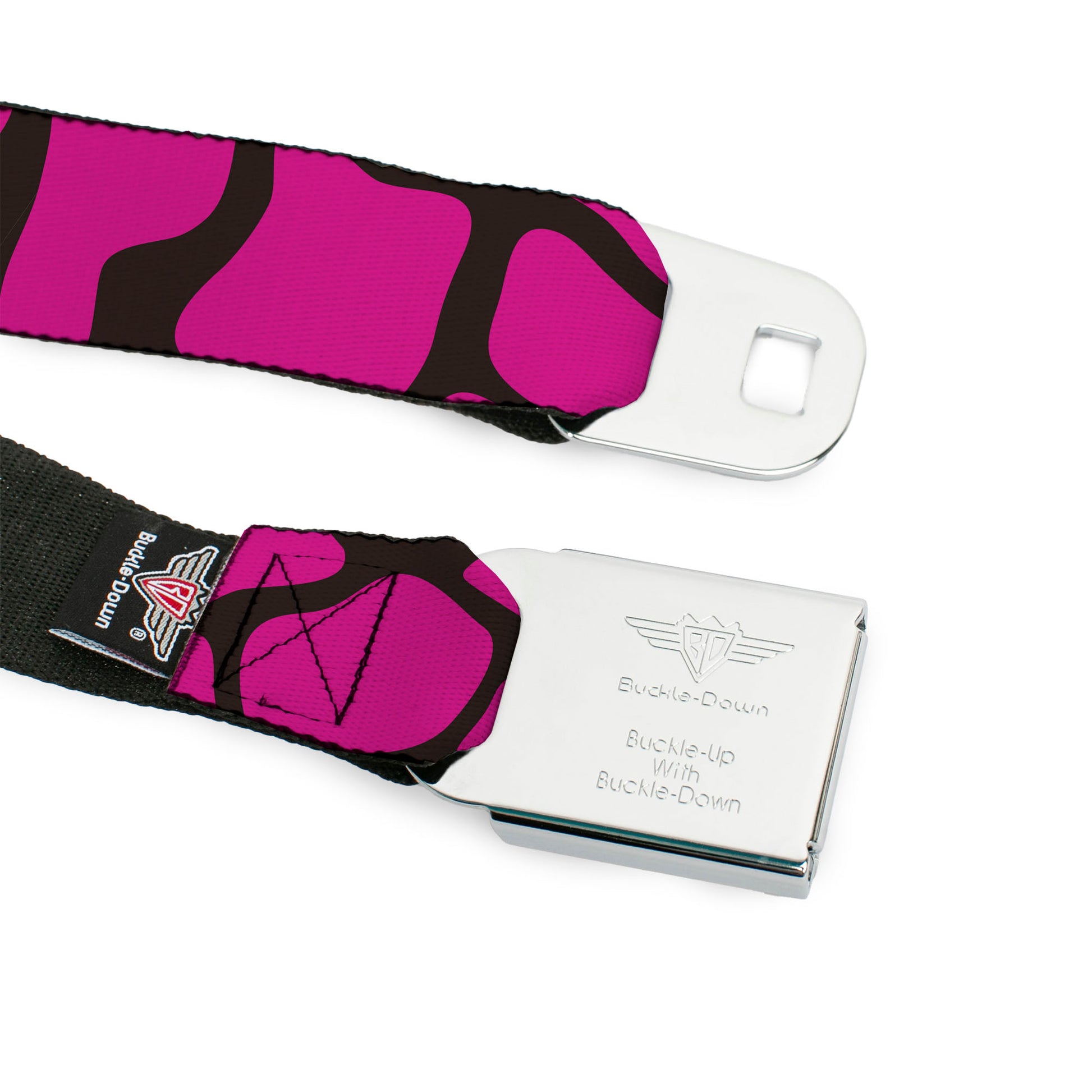 BD Wings Logo CLOSE-UP Full Color Black Silver Seatbelt Belt - Giraffe Spots Black/Fuchsia Webbing Seatbelt Belts Buckle-Down