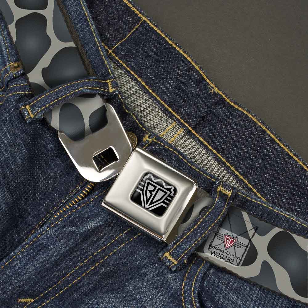 BD Wings Logo CLOSE-UP Full Color Black Silver Seatbelt Belt - Giraffe Spots Gray/Charcoal Webbing Seatbelt Belts Buckle-Down