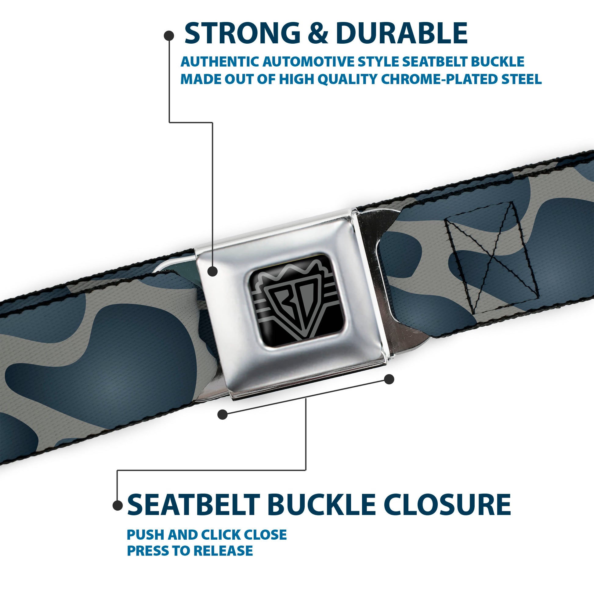 BD Wings Logo CLOSE-UP Full Color Black Silver Seatbelt Belt - Giraffe Spots Gray/Charcoal Webbing Seatbelt Belts Buckle-Down