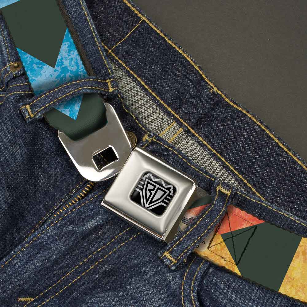 BD Wings Logo CLOSE-UP Full Color Black Silver Seatbelt Belt - Geometric8 Charcoal/Orange/Gold/Blue Webbing Seatbelt Belts Buckle-Down