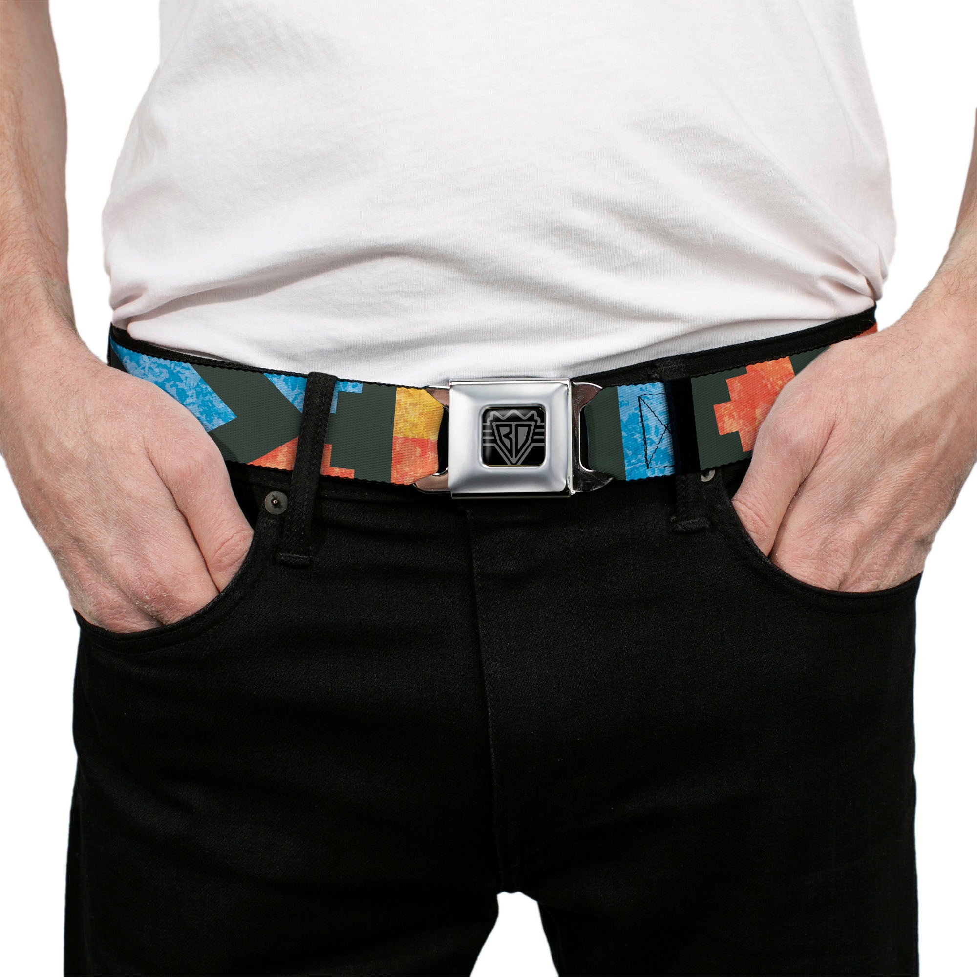 BD Wings Logo CLOSE-UP Full Color Black Silver Seatbelt Belt - Geometric8 Charcoal/Orange/Gold/Blue Webbing Seatbelt Belts Buckle-Down