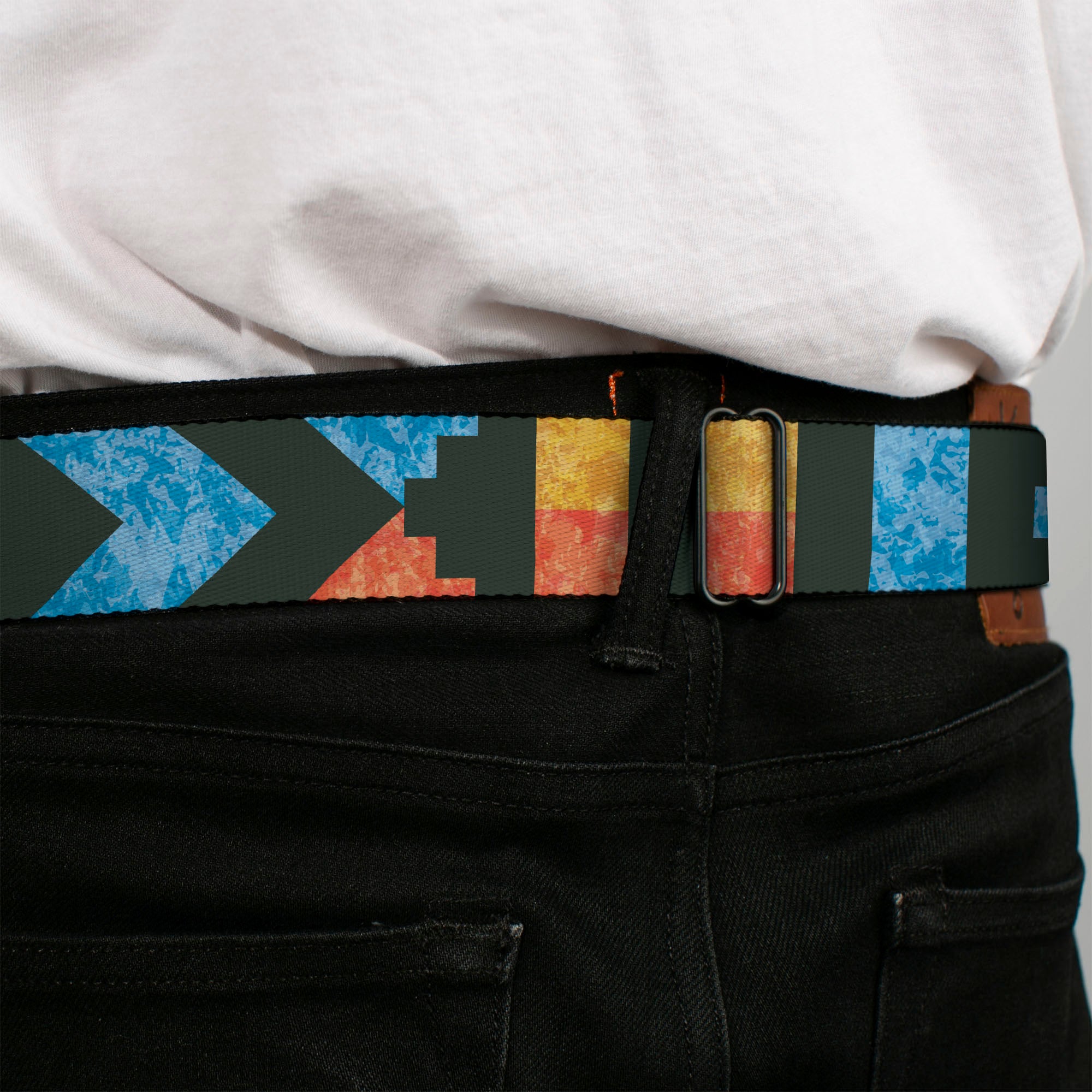 BD Wings Logo CLOSE-UP Full Color Black Silver Seatbelt Belt - Geometric8 Charcoal/Orange/Gold/Blue Webbing Seatbelt Belts Buckle-Down