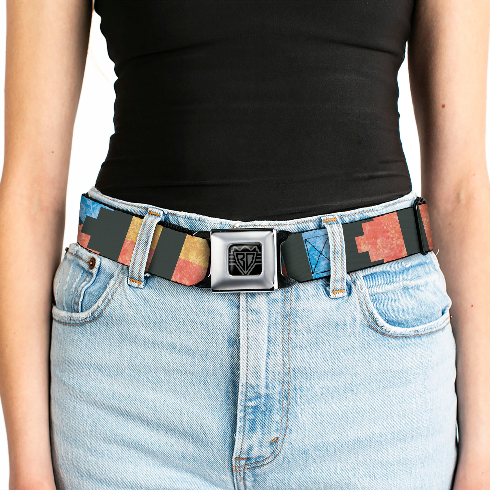 BD Wings Logo CLOSE-UP Full Color Black Silver Seatbelt Belt - Geometric8 Charcoal/Orange/Gold/Blue Webbing Seatbelt Belts Buckle-Down