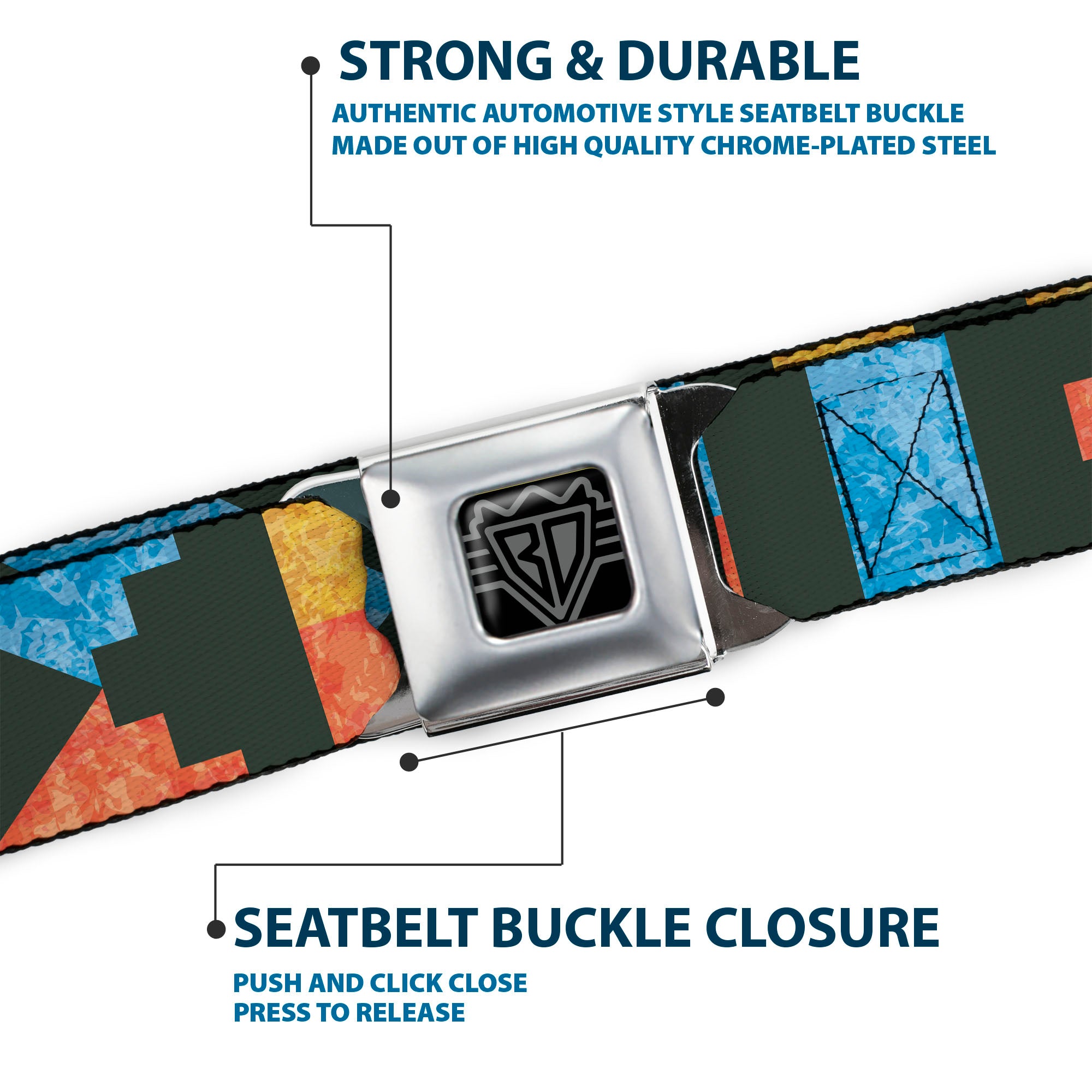 BD Wings Logo CLOSE-UP Full Color Black Silver Seatbelt Belt - Geometric8 Charcoal/Orange/Gold/Blue Webbing Seatbelt Belts Buckle-Down