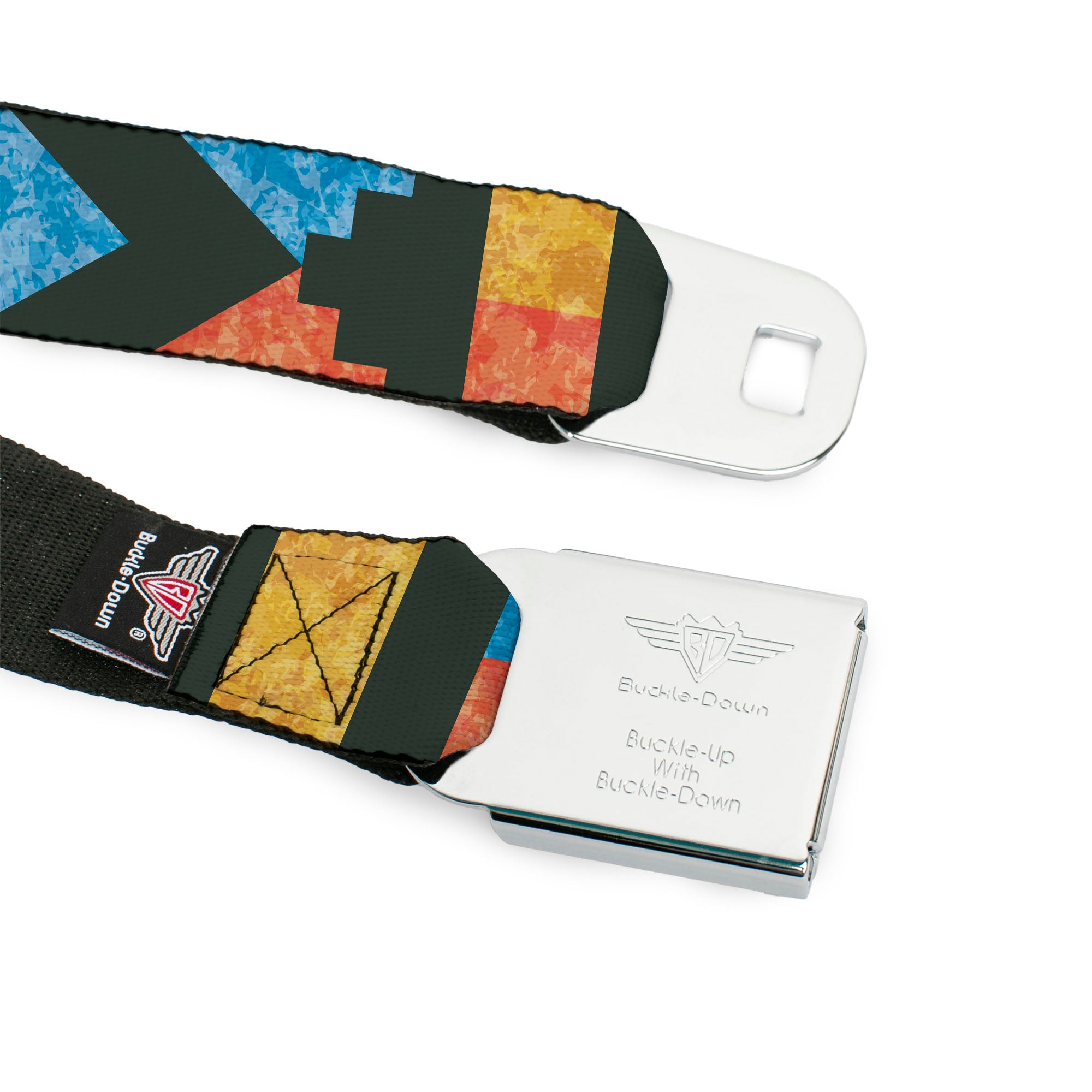 BD Wings Logo CLOSE-UP Full Color Black Silver Seatbelt Belt - Geometric8 Charcoal/Orange/Gold/Blue Webbing Seatbelt Belts Buckle-Down