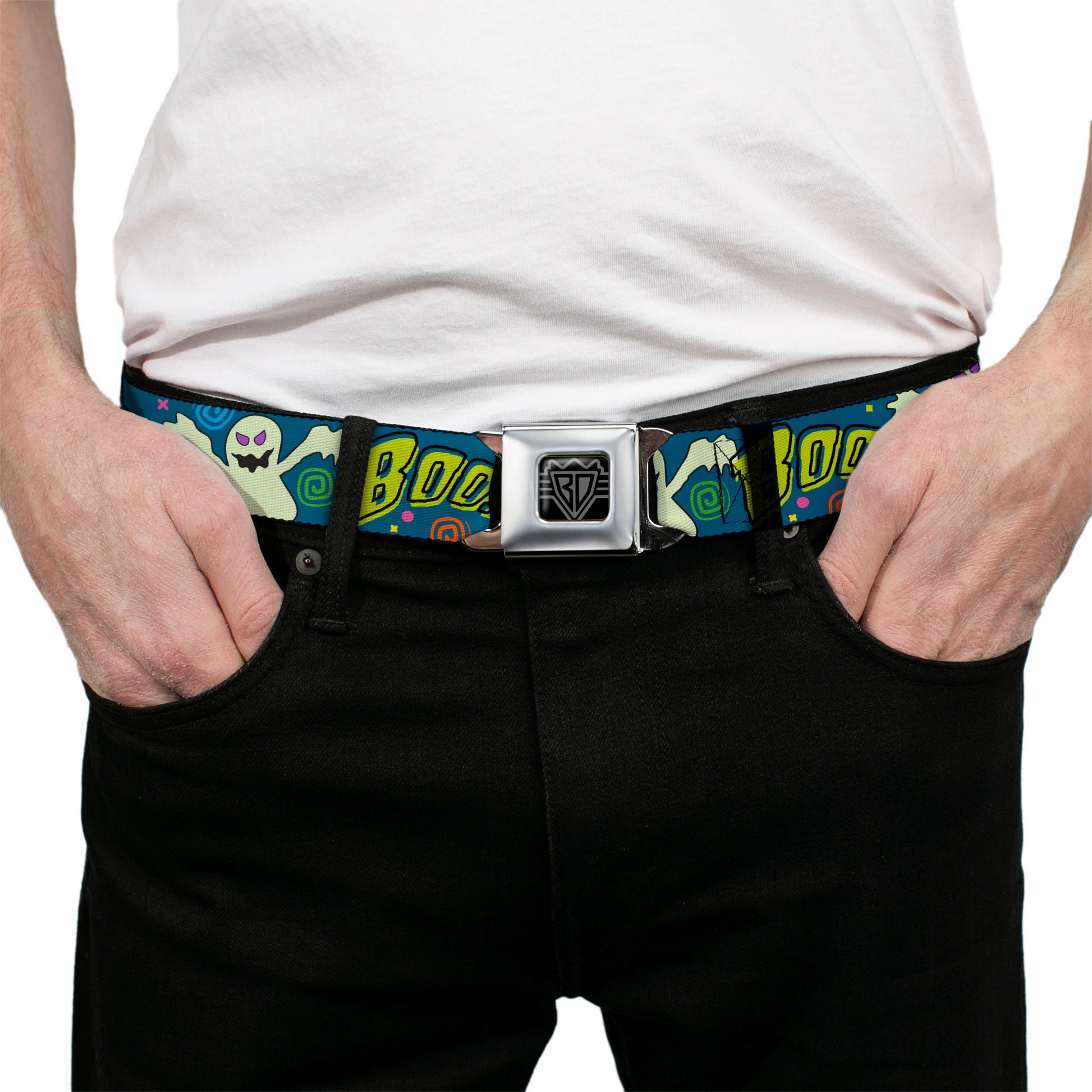 BD Wings Logo CLOSE-UP Full Color Black Silver Seatbelt Belt - Ghost BOO! Blue/Multi Color Webbing Seatbelt Belts Buckle-Down