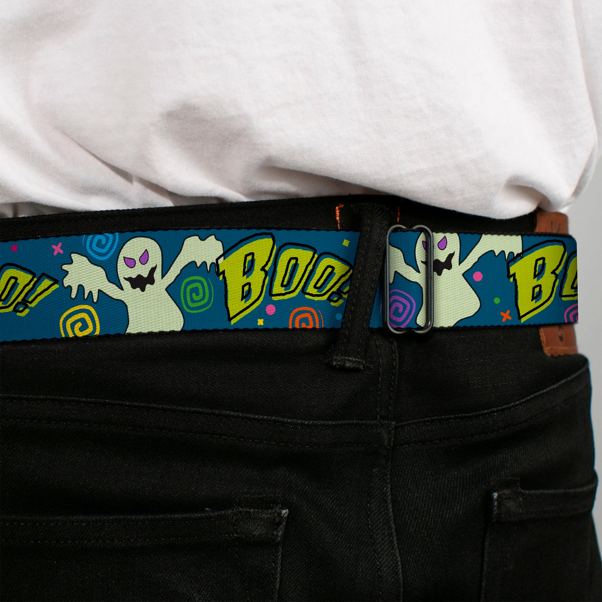 BD Wings Logo CLOSE-UP Full Color Black Silver Seatbelt Belt - Ghost BOO! Blue/Multi Color Webbing Seatbelt Belts Buckle-Down