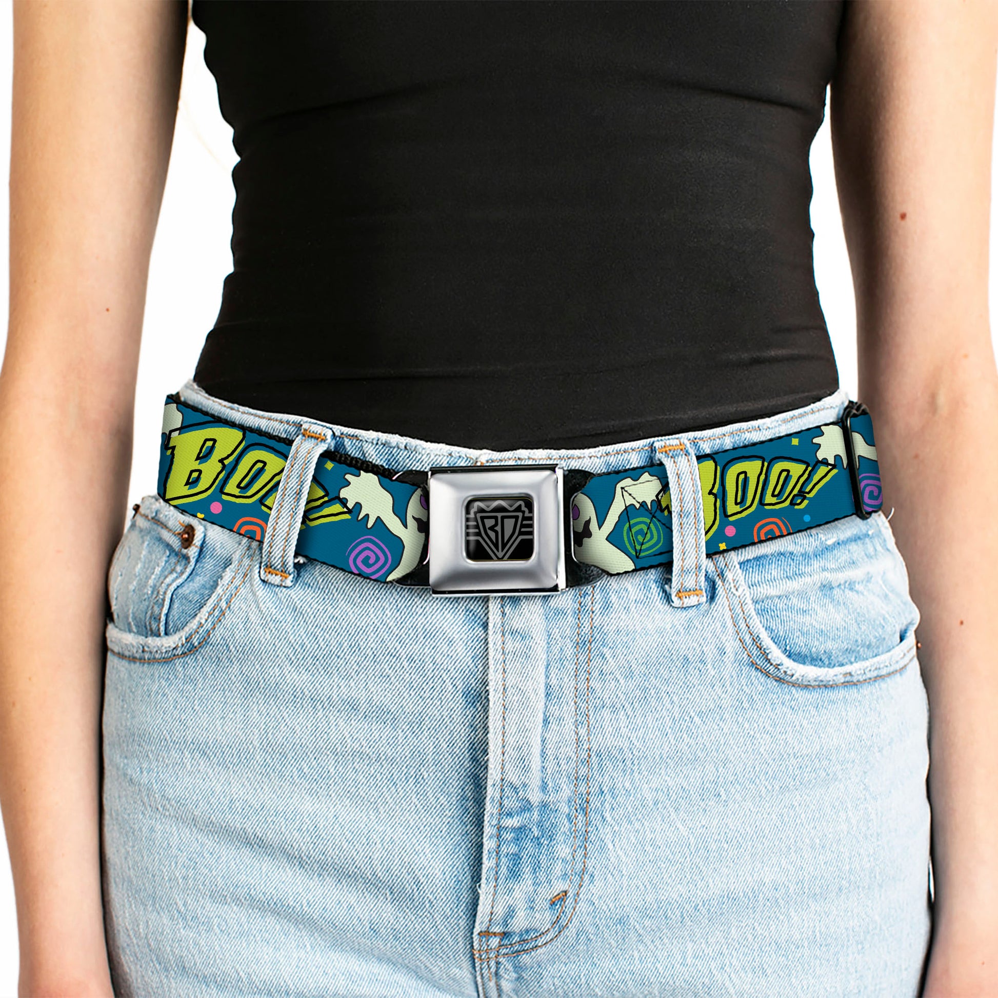 BD Wings Logo CLOSE-UP Full Color Black Silver Seatbelt Belt - Ghost BOO! Blue/Multi Color Webbing Seatbelt Belts Buckle-Down