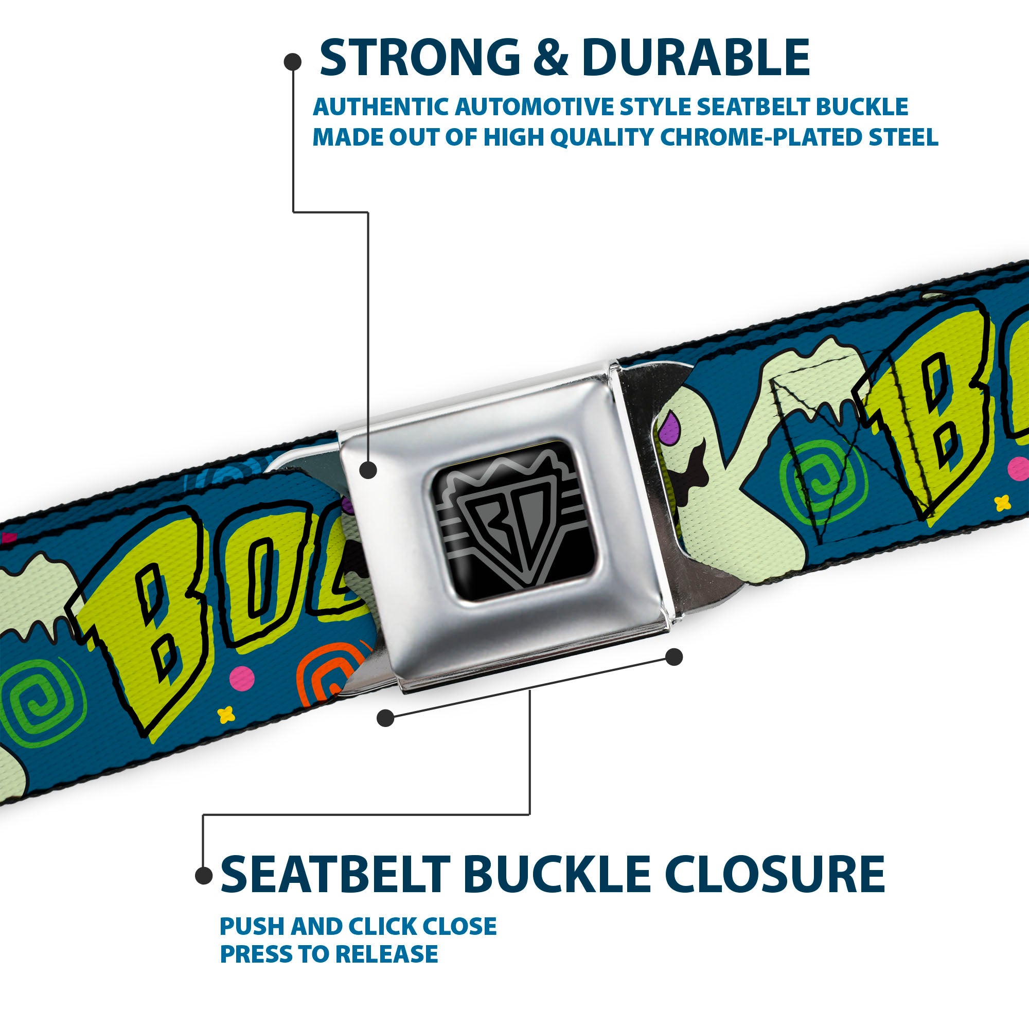 BD Wings Logo CLOSE-UP Full Color Black Silver Seatbelt Belt - Ghost BOO! Blue/Multi Color Webbing Seatbelt Belts Buckle-Down