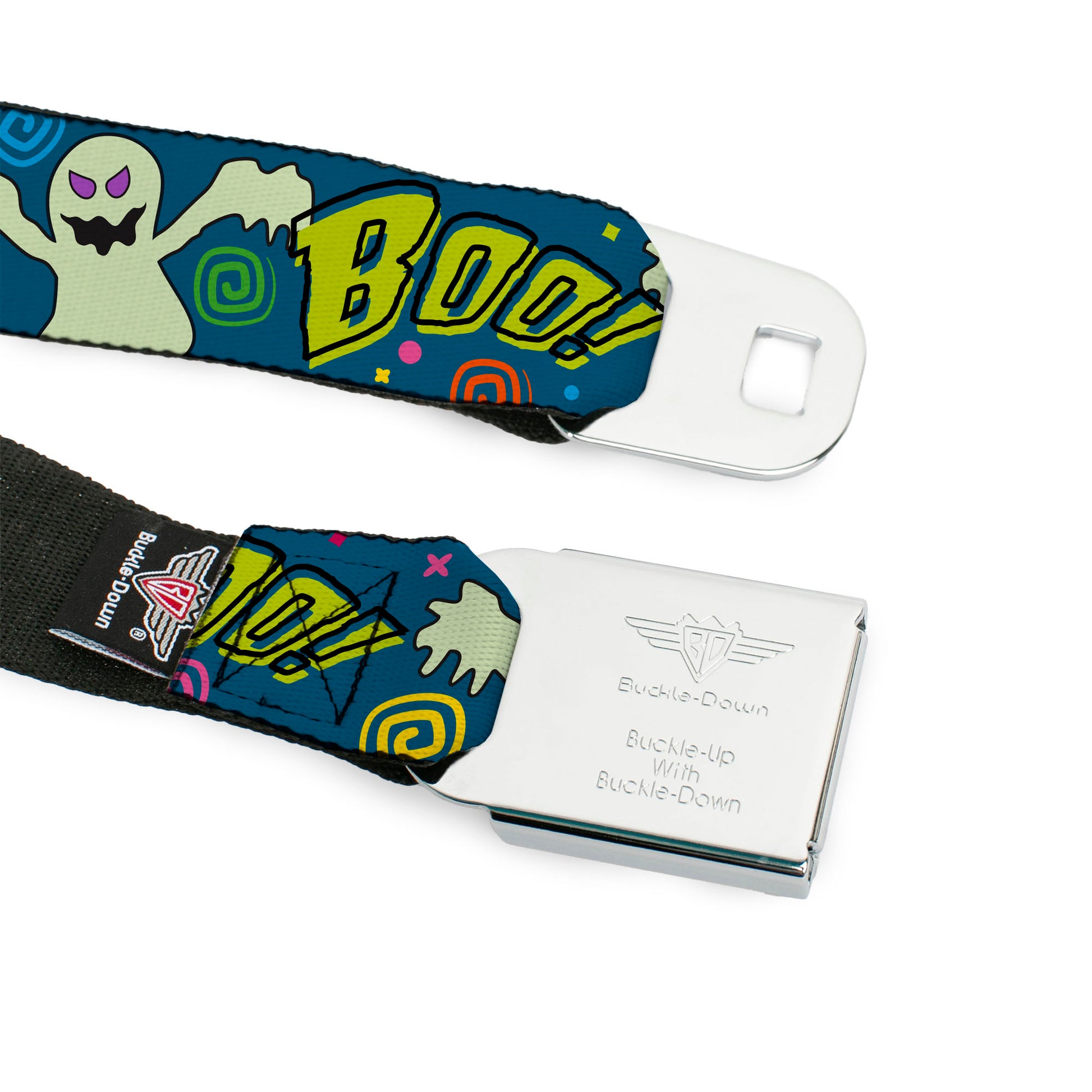 BD Wings Logo CLOSE-UP Full Color Black Silver Seatbelt Belt - Ghost BOO! Blue/Multi Color Webbing Seatbelt Belts Buckle-Down