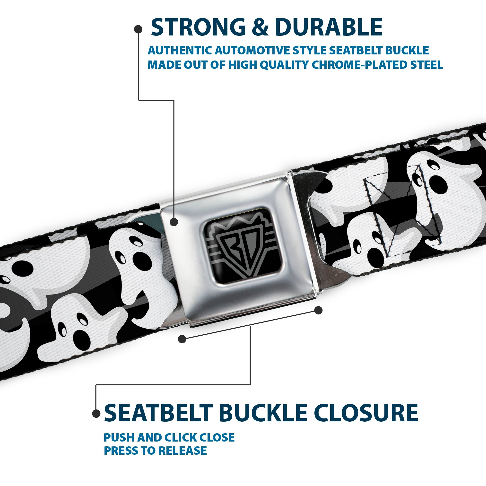 BD Wings Logo CLOSE-UP Full Color Black Silver Seatbelt Belt - Ghosts Scattered Black/White Webbing Seatbelt Belts Buckle-Down