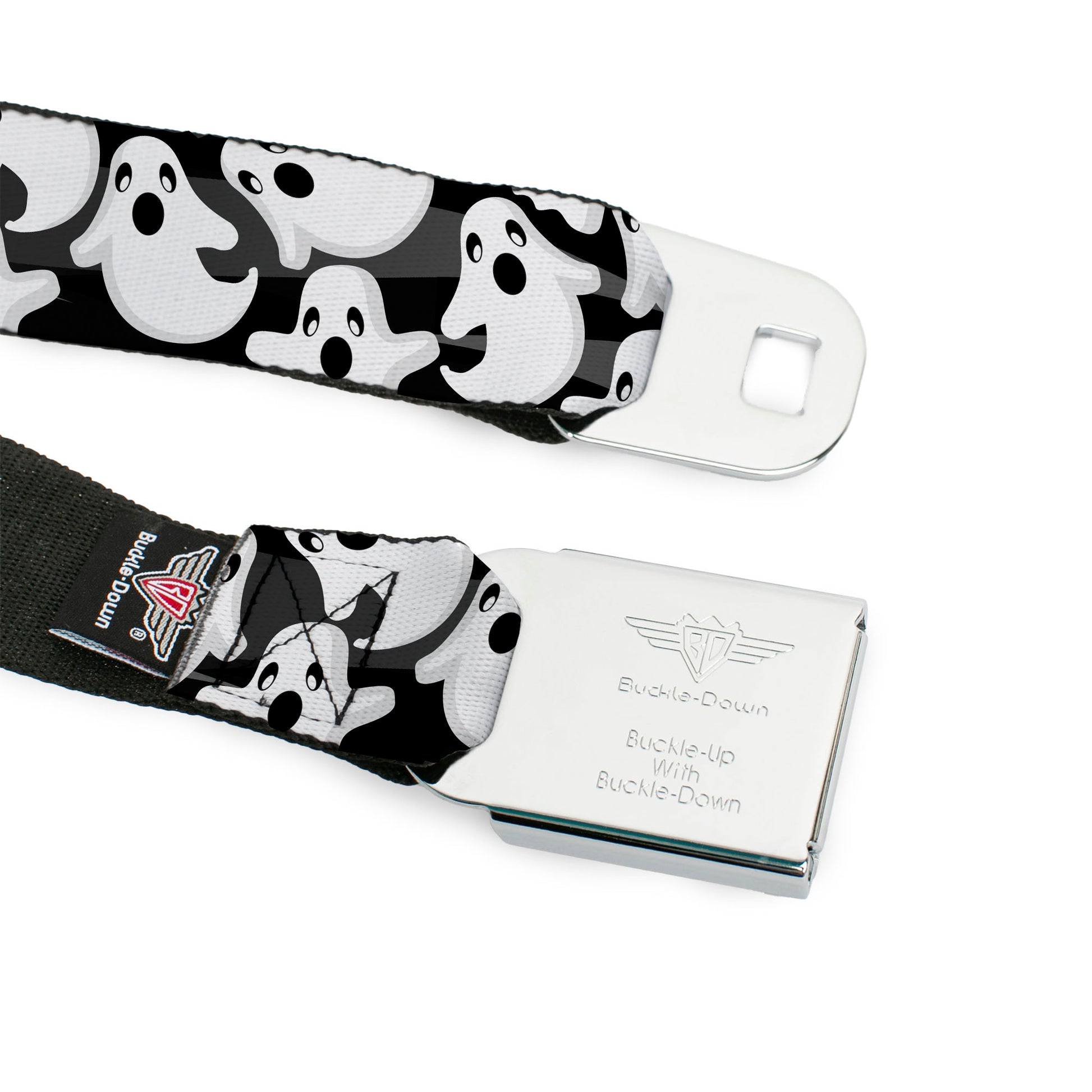 BD Wings Logo CLOSE-UP Full Color Black Silver Seatbelt Belt - Ghosts Scattered Black/White Webbing Seatbelt Belts Buckle-Down